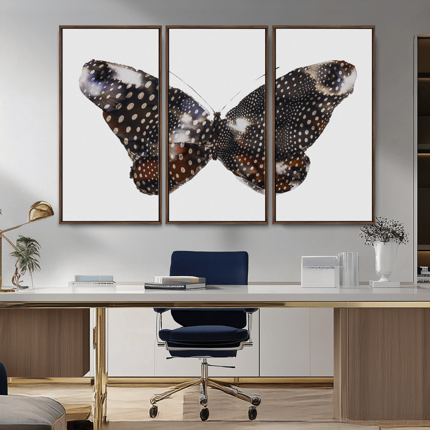 99831147-MGV-CV-36X24-Spotted Butterfly Wall Art Canvas Print, Framed Neutral Insect Theme Art Picture Print, Earthy Wing Pattern Perfect Modern Rustic
