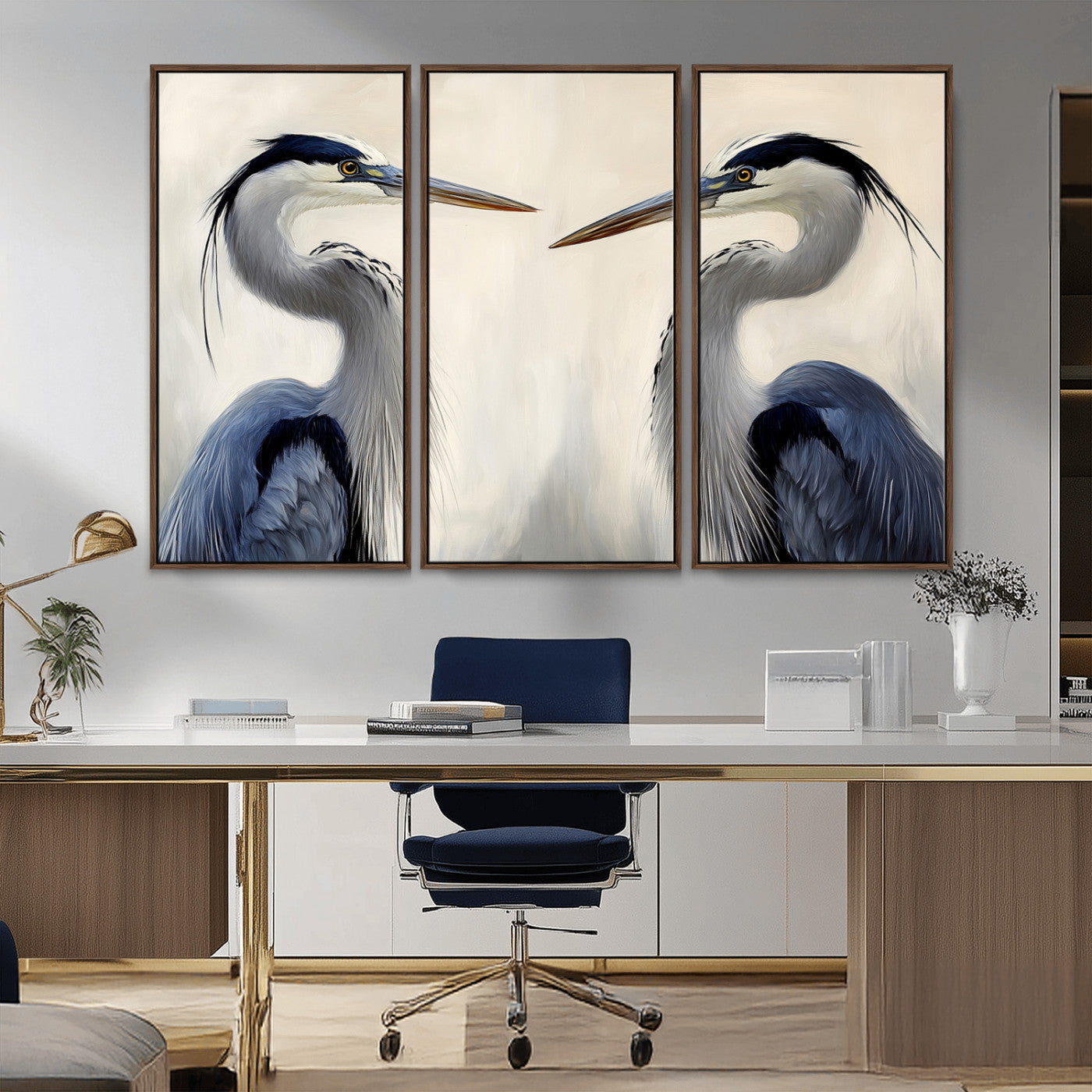18230556-MGV-FC-48X32-3P_Walnut-Blue Heron Pair Wall Art Canvas Print, Framed Coastal Bird Theme Art Picture Print, Tranquil Wildlife Scene Perfect Coastal