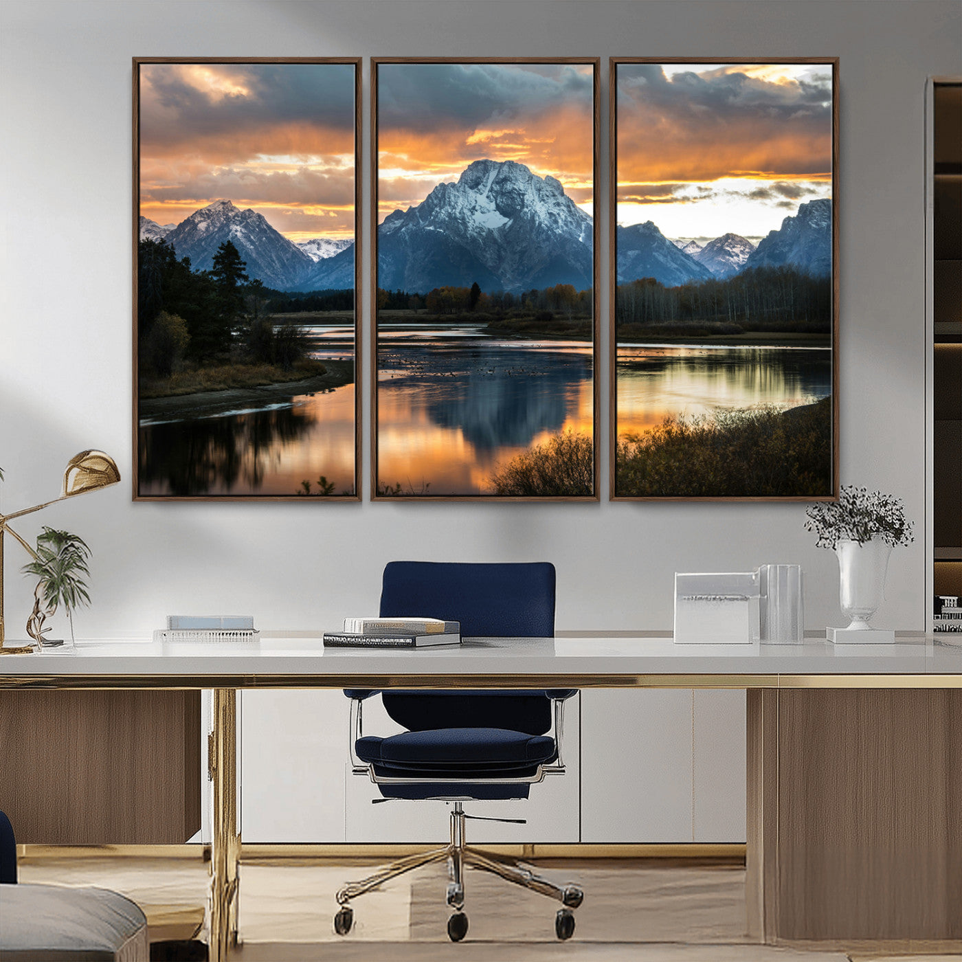 14130176-MGV-FC-48X32-3P_Walnut-Mountain Sunset Wall Art Canvas Print, Framed Alpine Wilderness Art Picture Print, Golden Hour Perfect Rustic Wilderness Decor