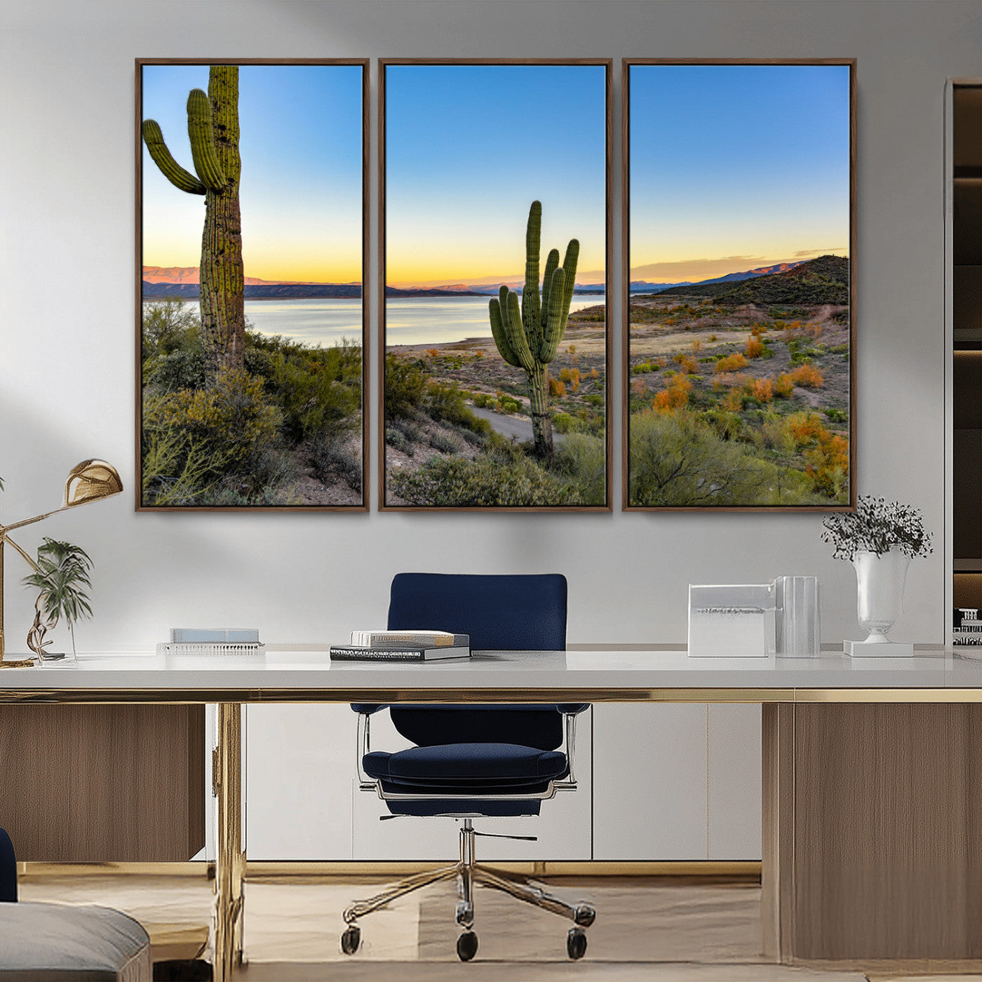 52844711-MGV-FC-48X32-3P_Walnut-Saguaro Cactus Wall Art Canvas Print, Framed Desert Sunset Art Picture Print, Southwestern Scene Perfect Southwestern Rustic Decor