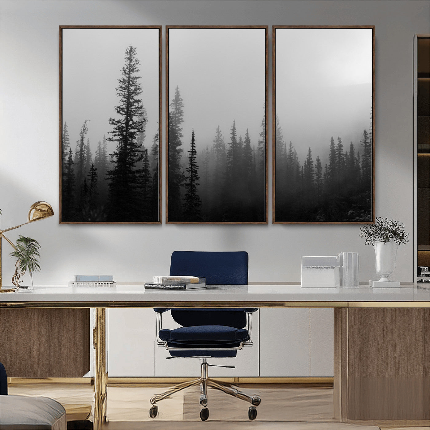 73138900-MGV-FC-48X32-3P_Walnut-Misty Pines Wall Art Canvas Print, Framed Woodland Photography Art Picture Print, Minimalist Decor Perfect Modern Rustic Decor