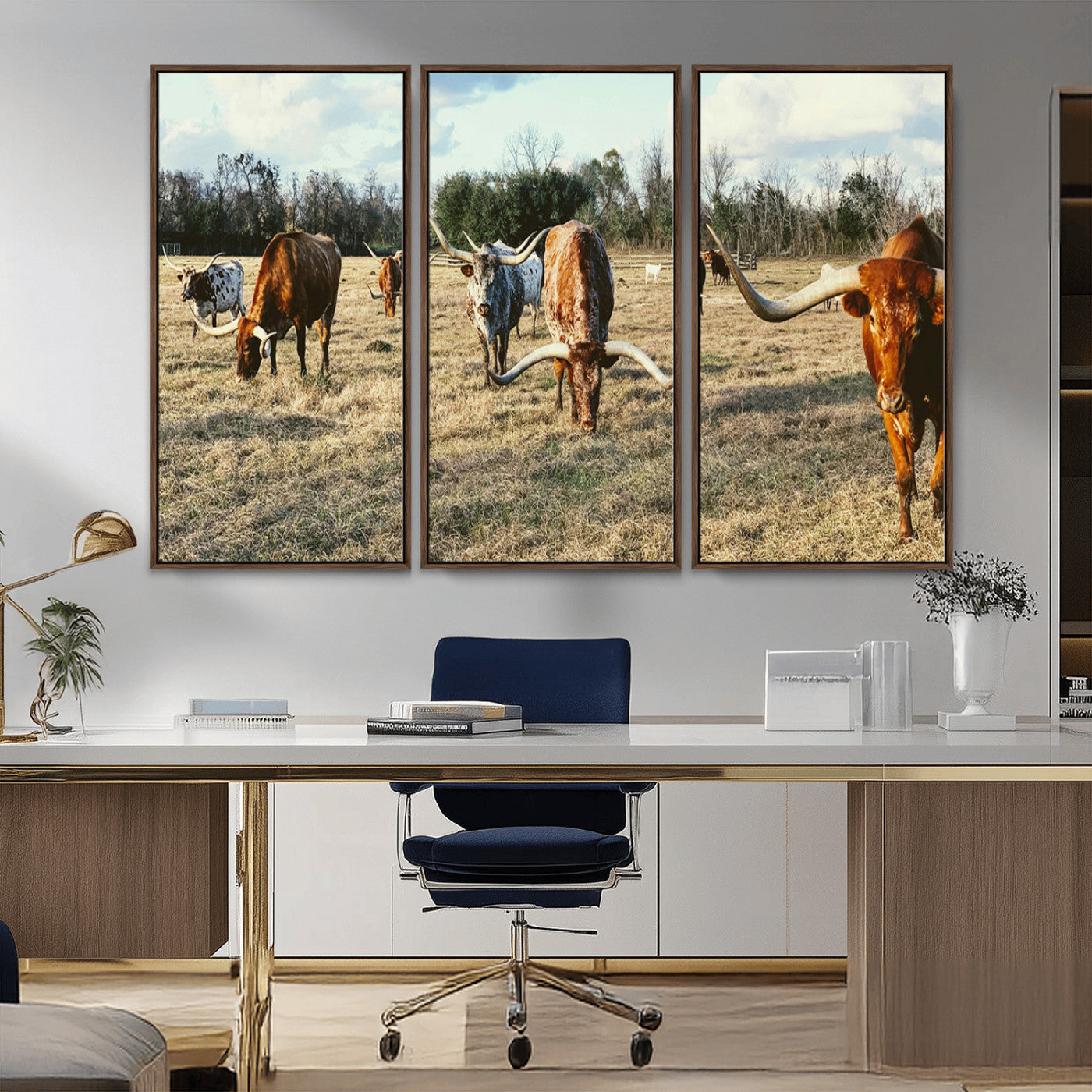 39144651-MGV-CV-36X24-Texas Longhorns Wall Art Canvas Print, Framed Rustic Farm Scene Art Picture Print, Western Cattle Perfect Rustic Farmhouse Decor