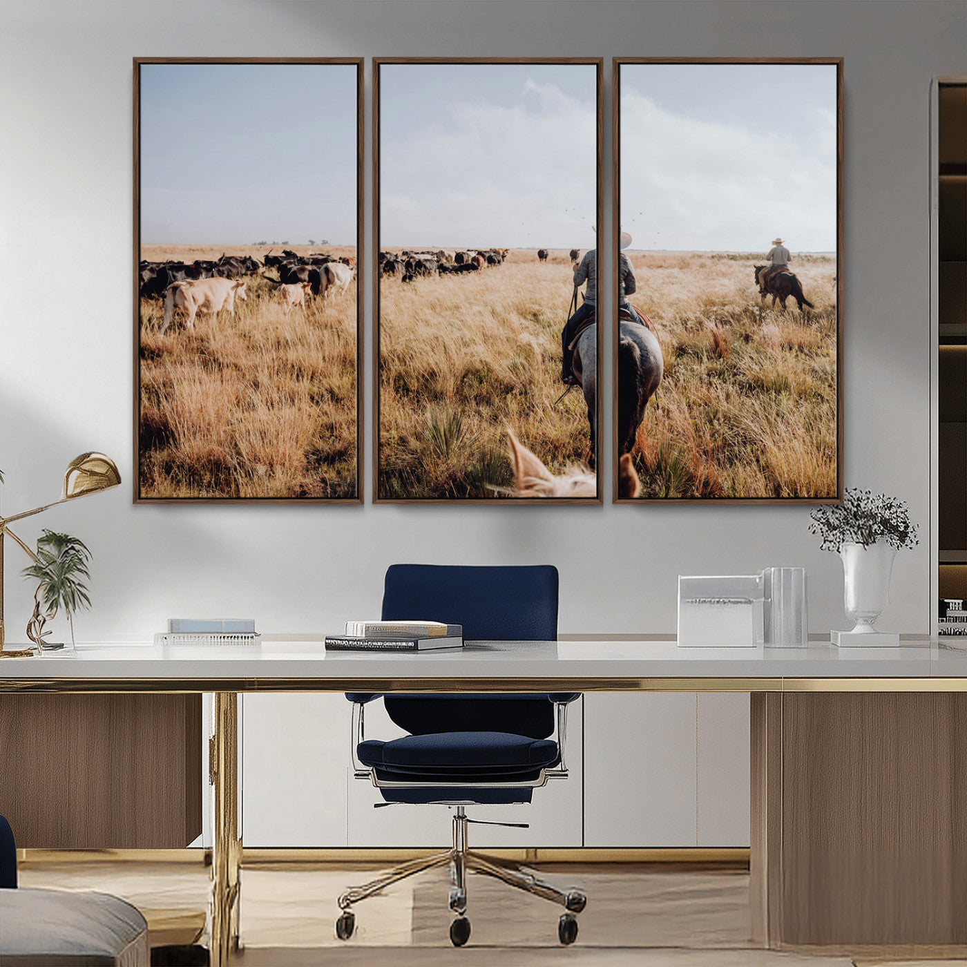 22431577-MGV-CV-36X24-Western Wall Art Wall Art Canvas Print, Framed Cowboy Canvas Art Picture Print, Cattle Drive Scene Perfect Rustic Western Decor