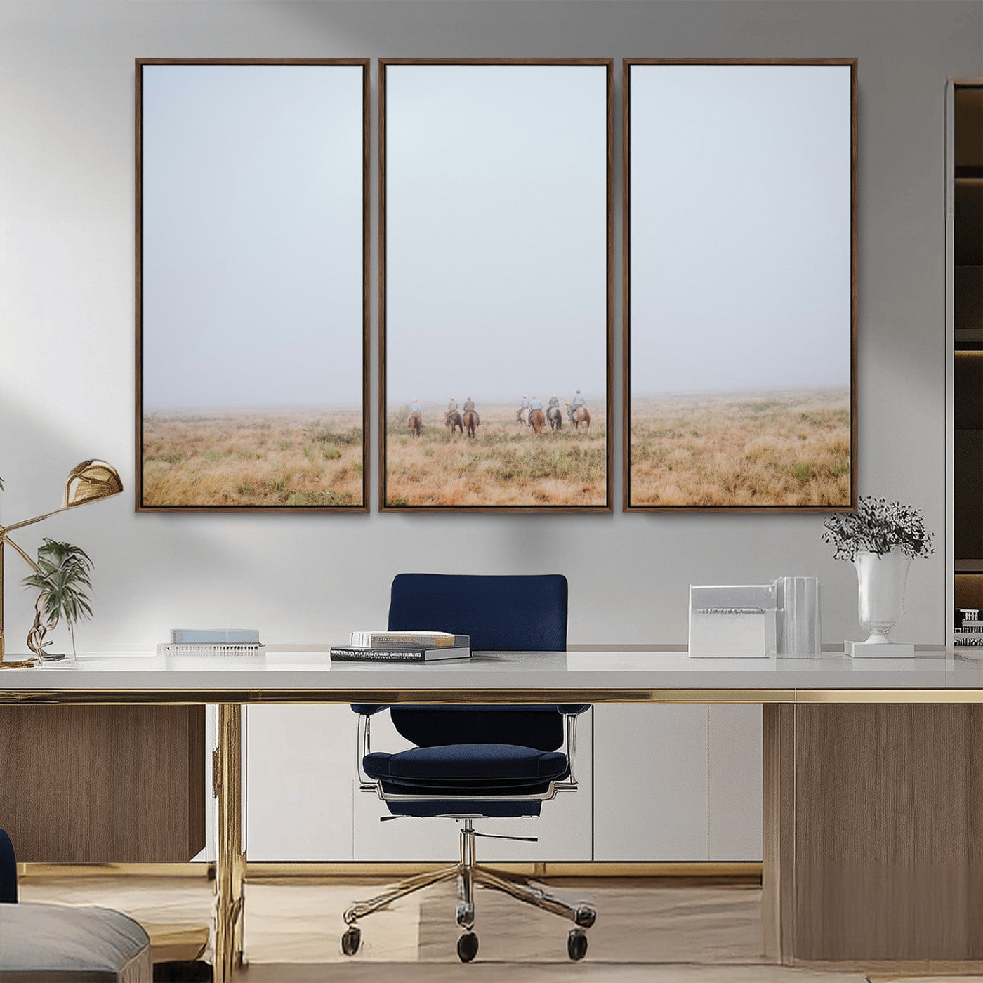 14761944-MGV-CV-36X24-Foggy Plains Wall Art Canvas Print, Framed Horseback Riders Art Picture Print, Rustic Western Perfect Rustic Western Decor Artwork