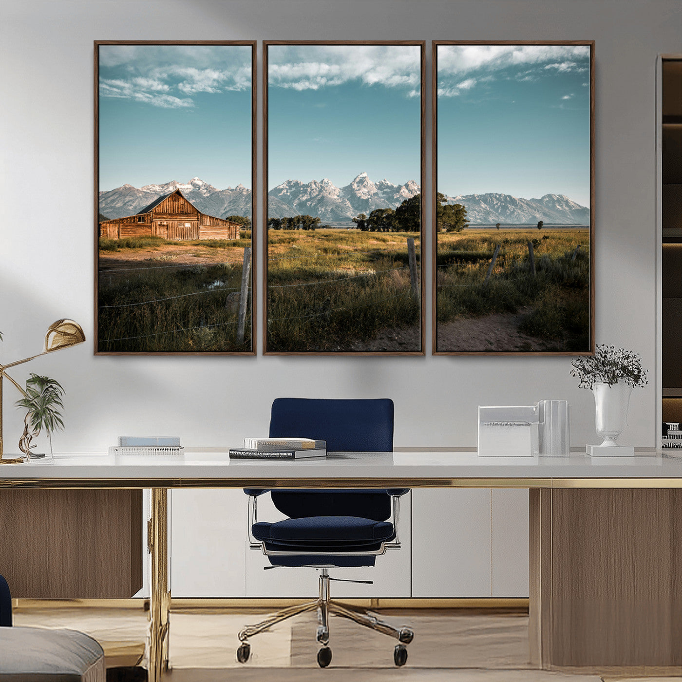 92497443-MGV-FC-48X32-3P_Walnut-Rustic Farmhouse Wall Art Canvas Print, Framed Mountain Cabin Art Picture Print, Western Landscape Perfect Rustic Farmhouse Decor