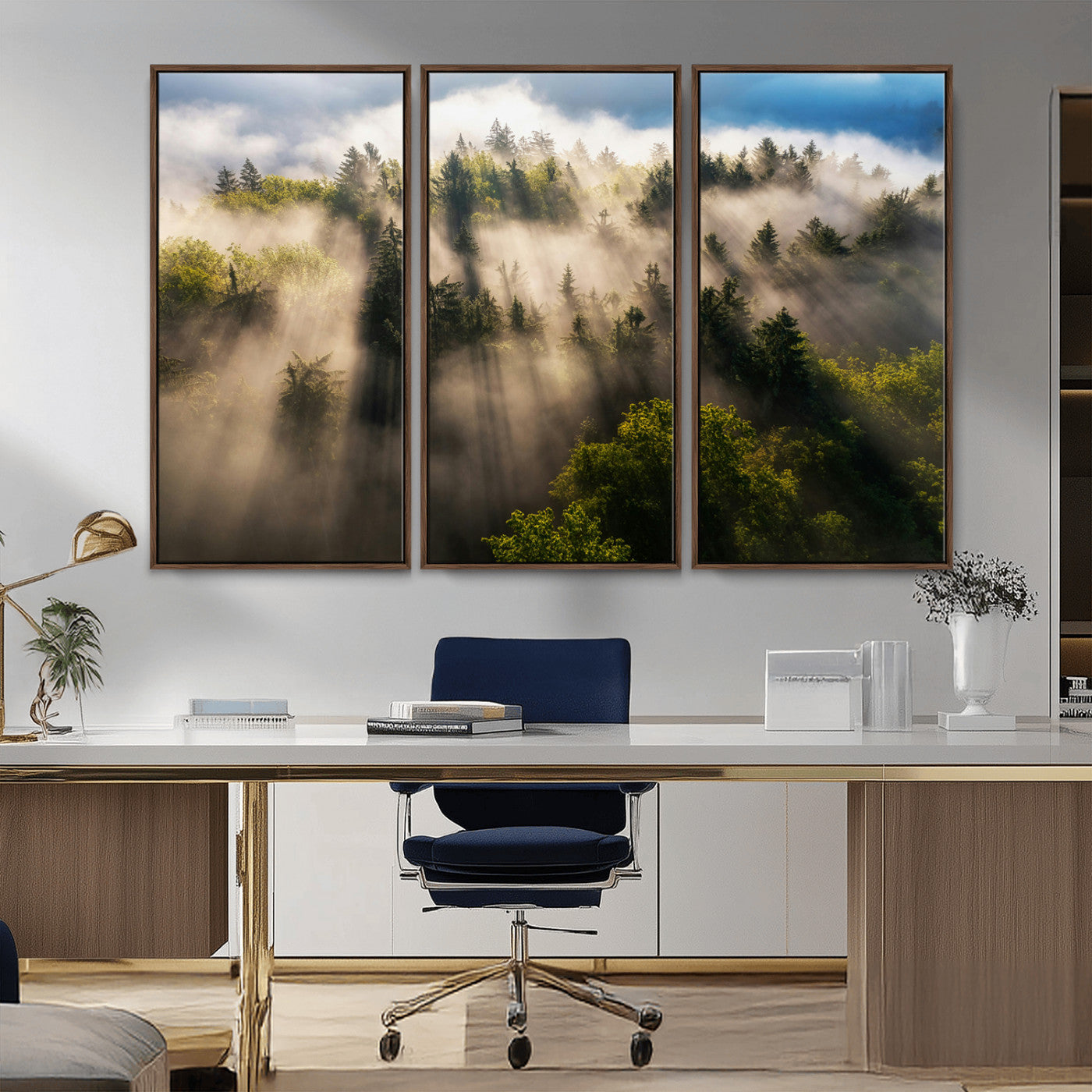 14785710-MGV-FC-48X32-3P_Walnut-Tranquil Forest Scene Wall Art Canvas Print, Framed Sunbeam Through Trees Art Picture Print, Moody Green Wall Art Perfect