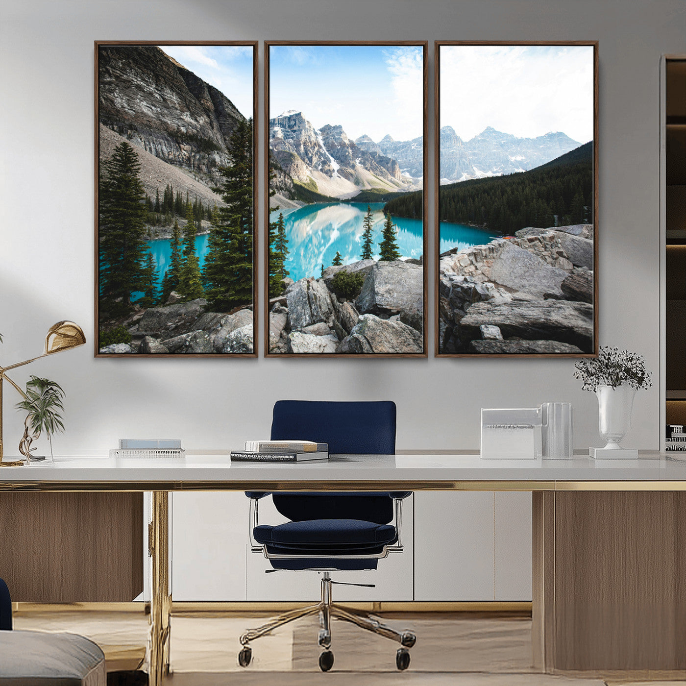 98014896-MGV-FC-48X32-3P_Walnut-Canadian Rockies Wall Art Canvas Print, Framed Mountain Landscape Art Picture Print, Turquoise Water Perfect Scandinavian