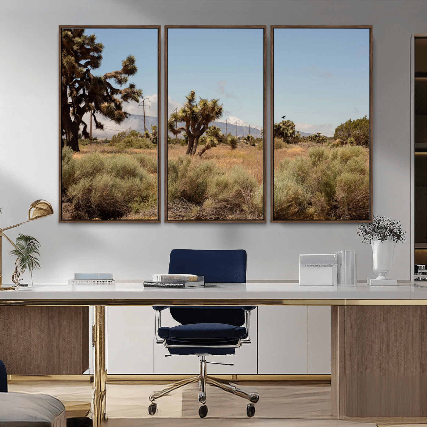 16114018-MGV-FC-48X32-3P_Walnut-Joshua Tree Wall Art Canvas Print, Framed Desert Landscape Art Picture Print, Mountain Horizon Perfect Southwestern Boho Decor