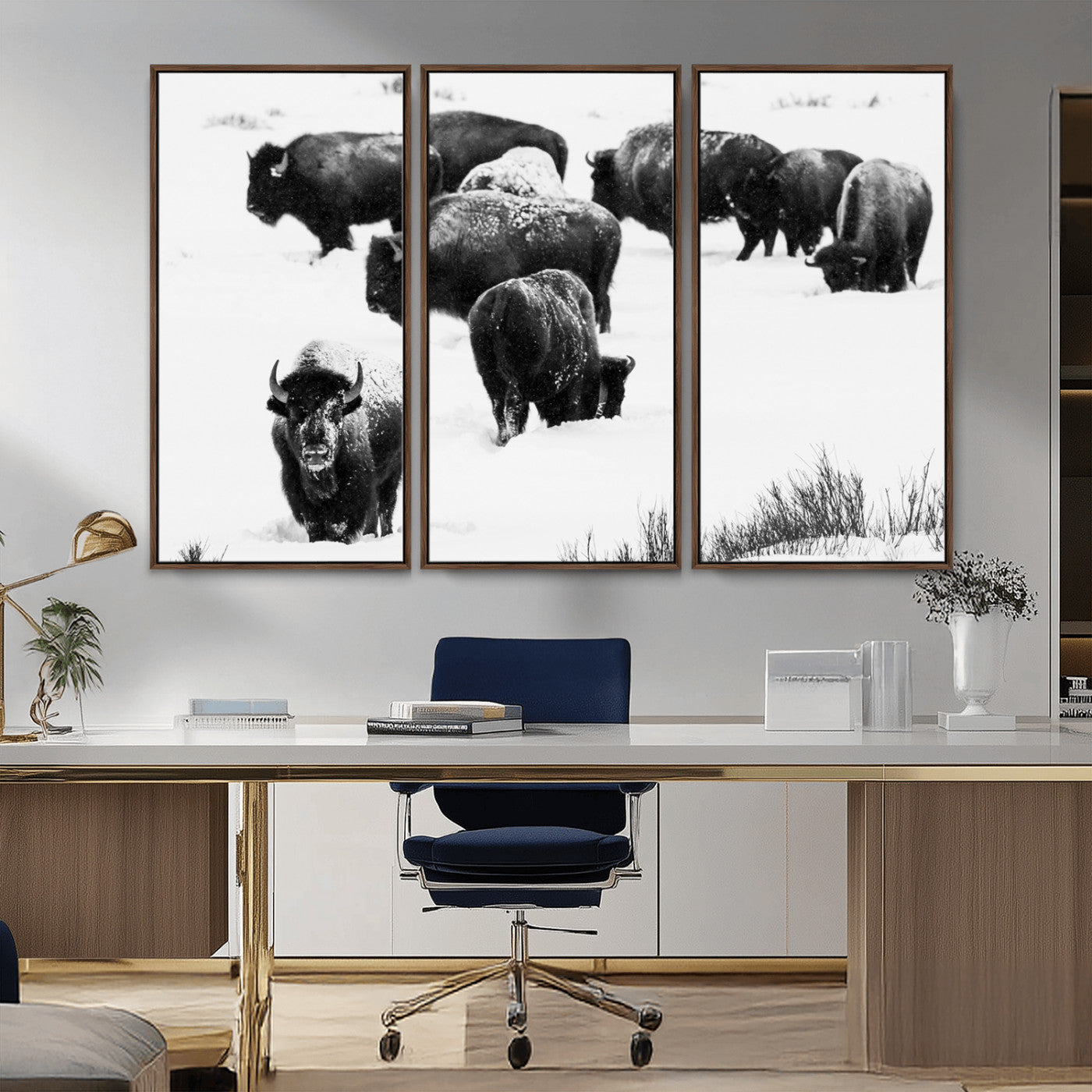 18914414-MGV-CV-36X24-Buffalo Herd Wall Art Canvas Print, Framed Black and White Art Picture Print, Snowy Landscape Perfect Rustic Lodge Decor Decor