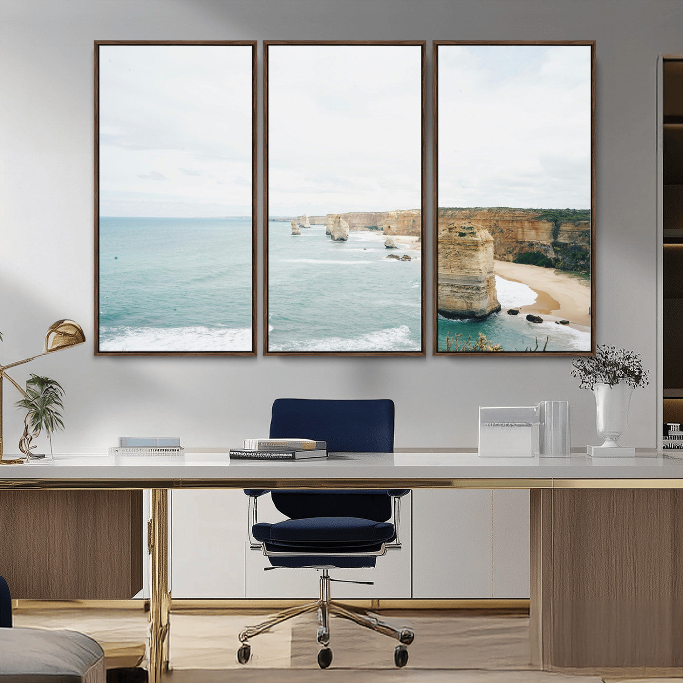 70095633-MGV-FC-48X32-3P_Walnut-Twelve Apostles Wall Art Canvas Print, Framed Coastal Cliffs Art Picture Print, Rugged Rock Formations Perfect Minimalist Coastal