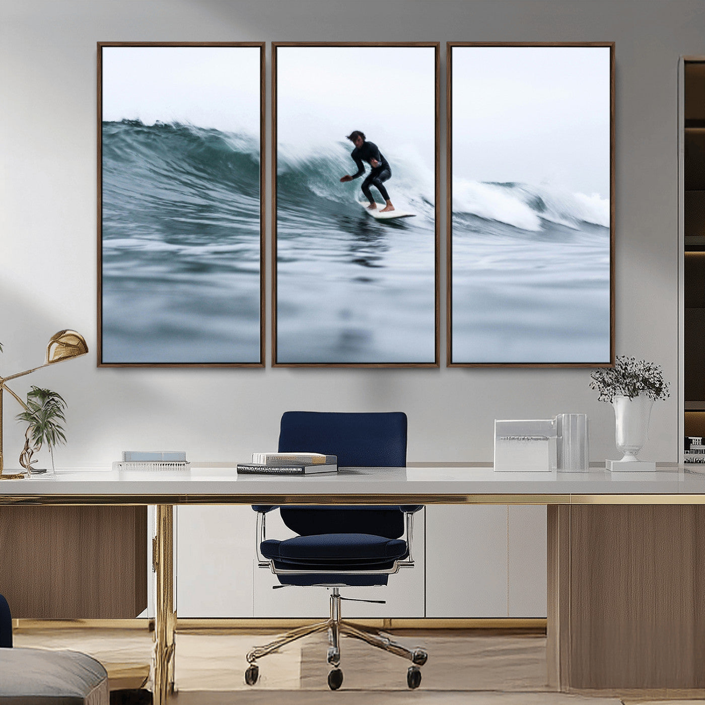 11693607-MGV-CV-36X24-Surfer on Wave Wall Art Canvas Print, Framed Ocean Adventure Art Picture Print, Motion Blur Water Perfect Coastal Adventure Decor