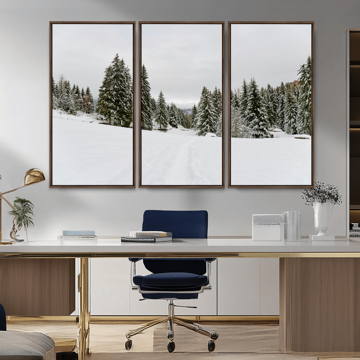 24581417-MGV-FC-48X32-3P_Walnut-Frosty Pines Wall Art Canvas Print, Framed Silent Snowfall Art Picture Print, Cozy Cabin Vibes Perfect Nordic Minimalist Decor