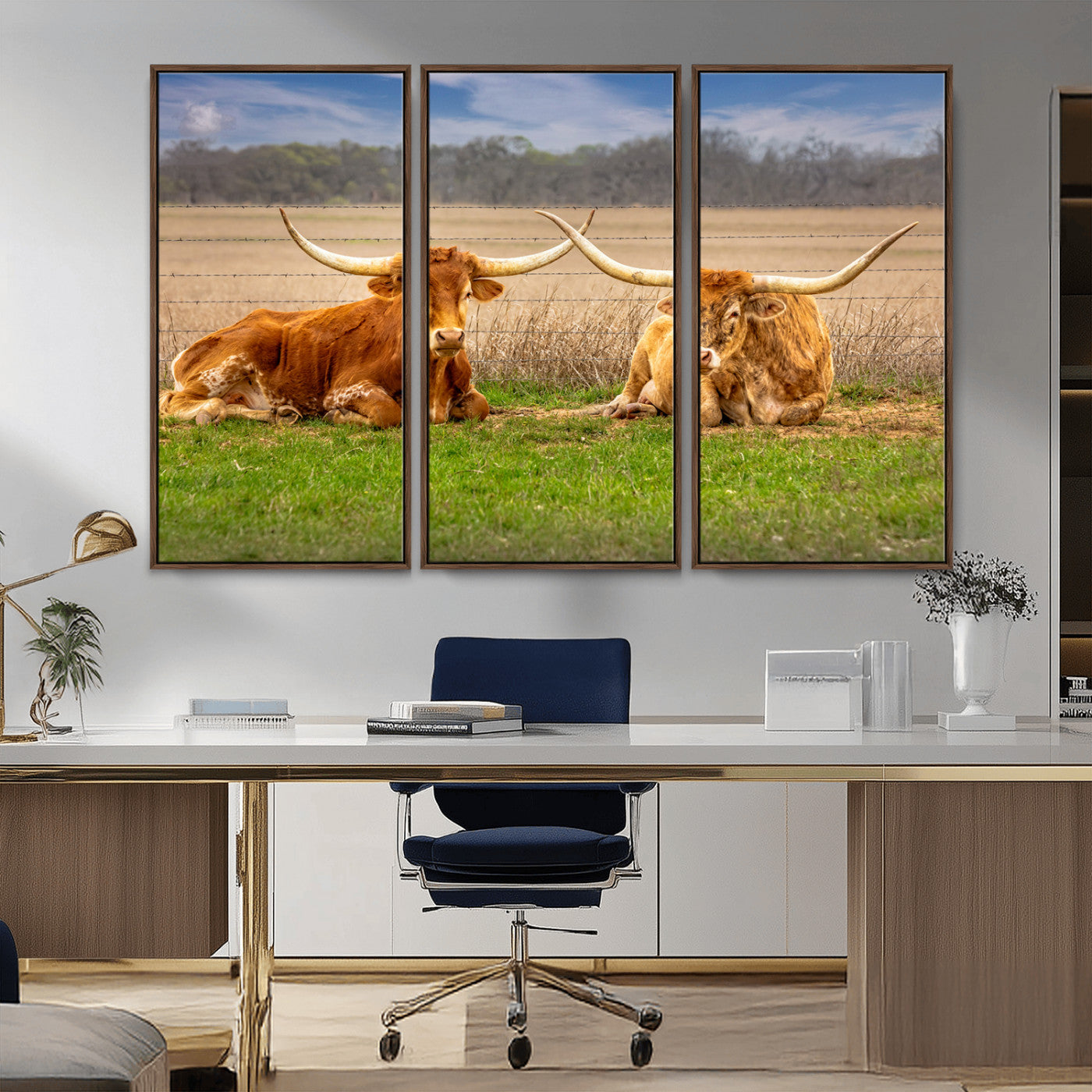 54598515-MGV-CV-36X24-Texas Longhorns Wall Art – Rustic Cattle Ranch Canvas Print, Western Farmhouse Animal Photography Decor for Living Room, Office,