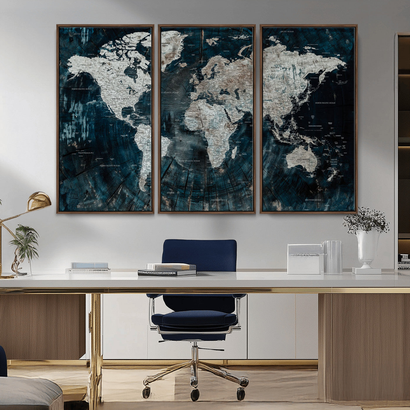 34425609-MGV-CV-36X24-World Map Wall Art – Rustic Navy and Grey Atlas Canvas Print, Distressed Explorer Map Artwork, Industrial Style Decor for Office,