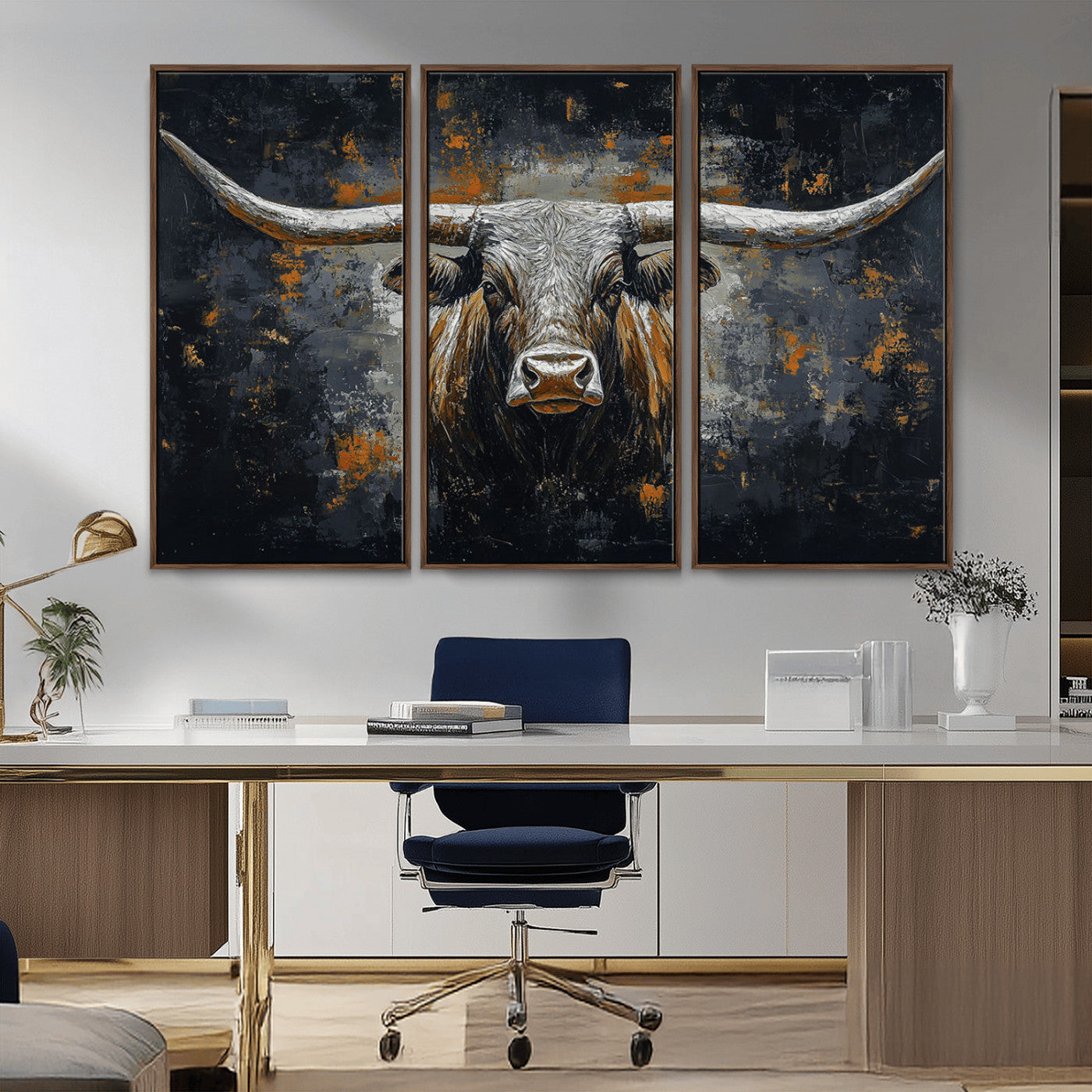 93195031-MGV-CV-36X24-Dark Longhorn Bull Wall Art – Western Steer Canvas Print, Moody Rustic Animal Painting for Man Cave, Ranch House, Office or Modern