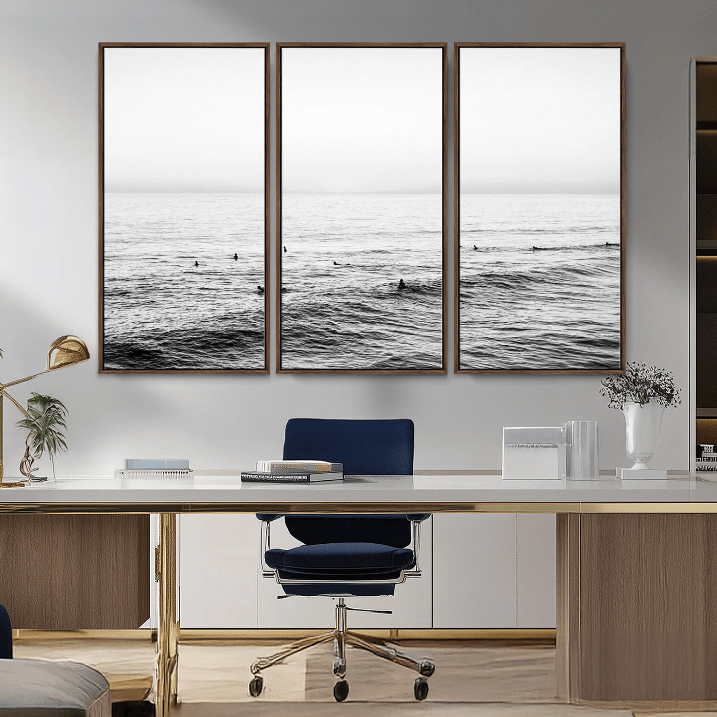 47208268-MGV-CV-36X24-Surfer Ocean Wall Art – Black and White Coastal Canvas Print, Minimalist Surfing Seascape Decor for Living Room, Bedroom, or Beach