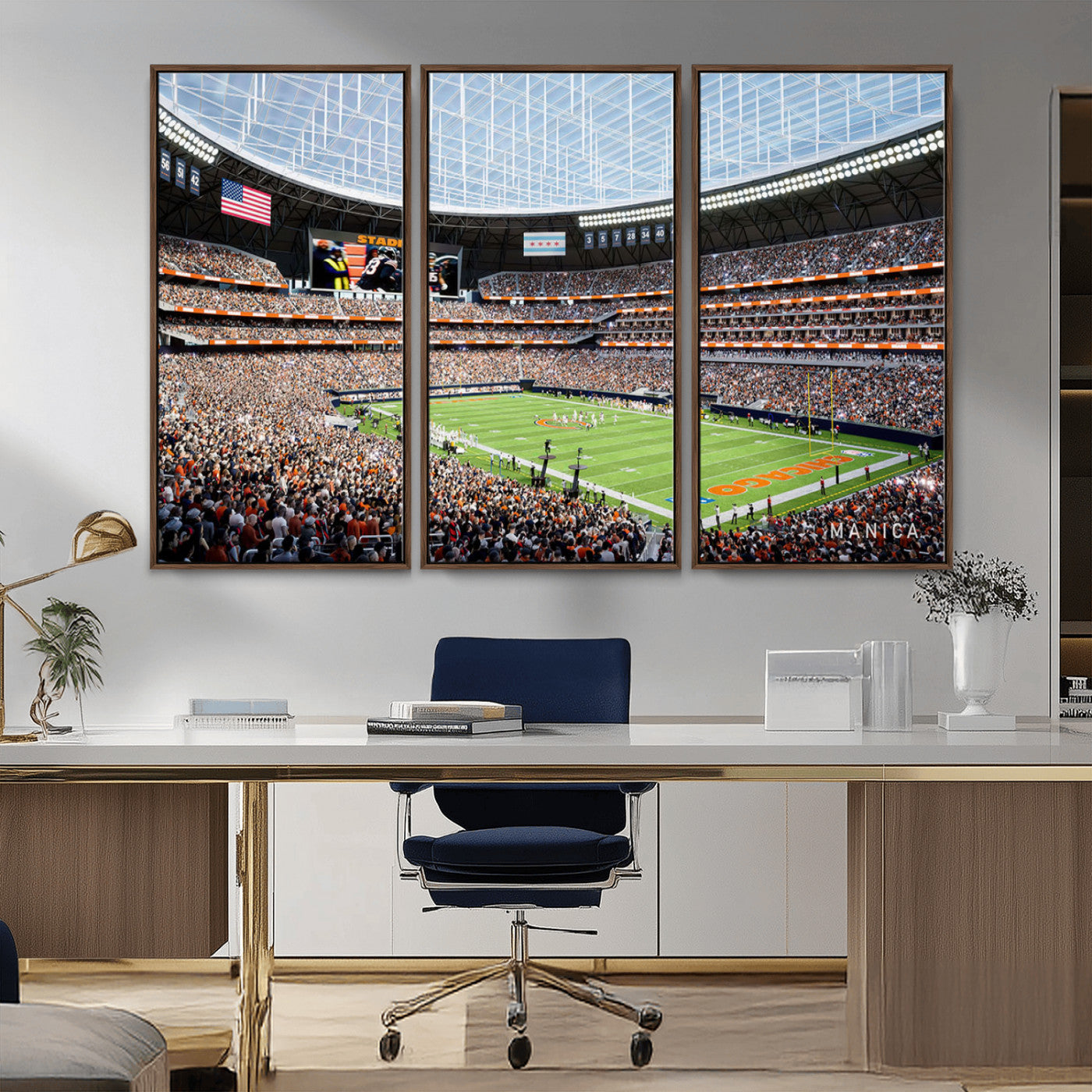 32530647-MGV-CV-36X24-Chicago Bears Stadium Wall Art – Futuristic Dome Arena Canvas Print, Modern Football Concept Design Decor for Man Cave, Bar, or
