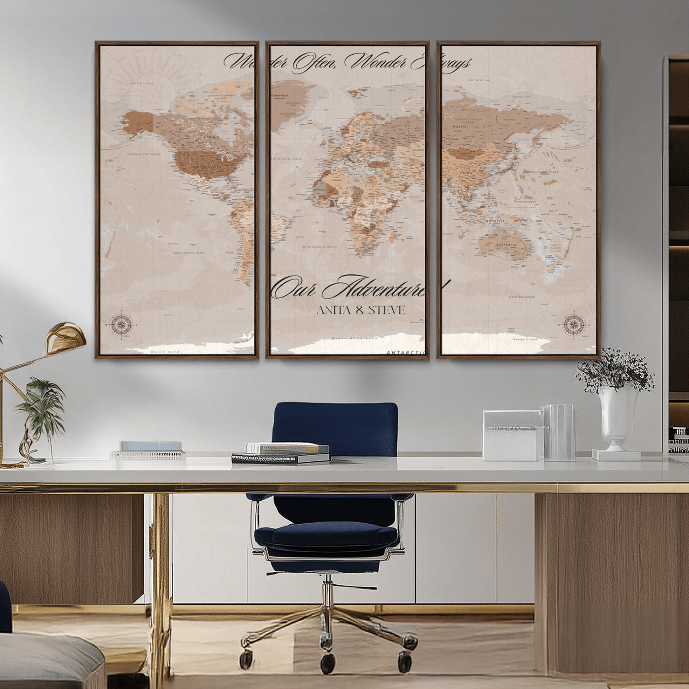 95243244-MGV-CV-36X24-Wander Often Wonder Always World Map Wall Art – Neutral Beige Adventure Canvas Print, Rustic Boho Travel Decor for Bedroom, Living