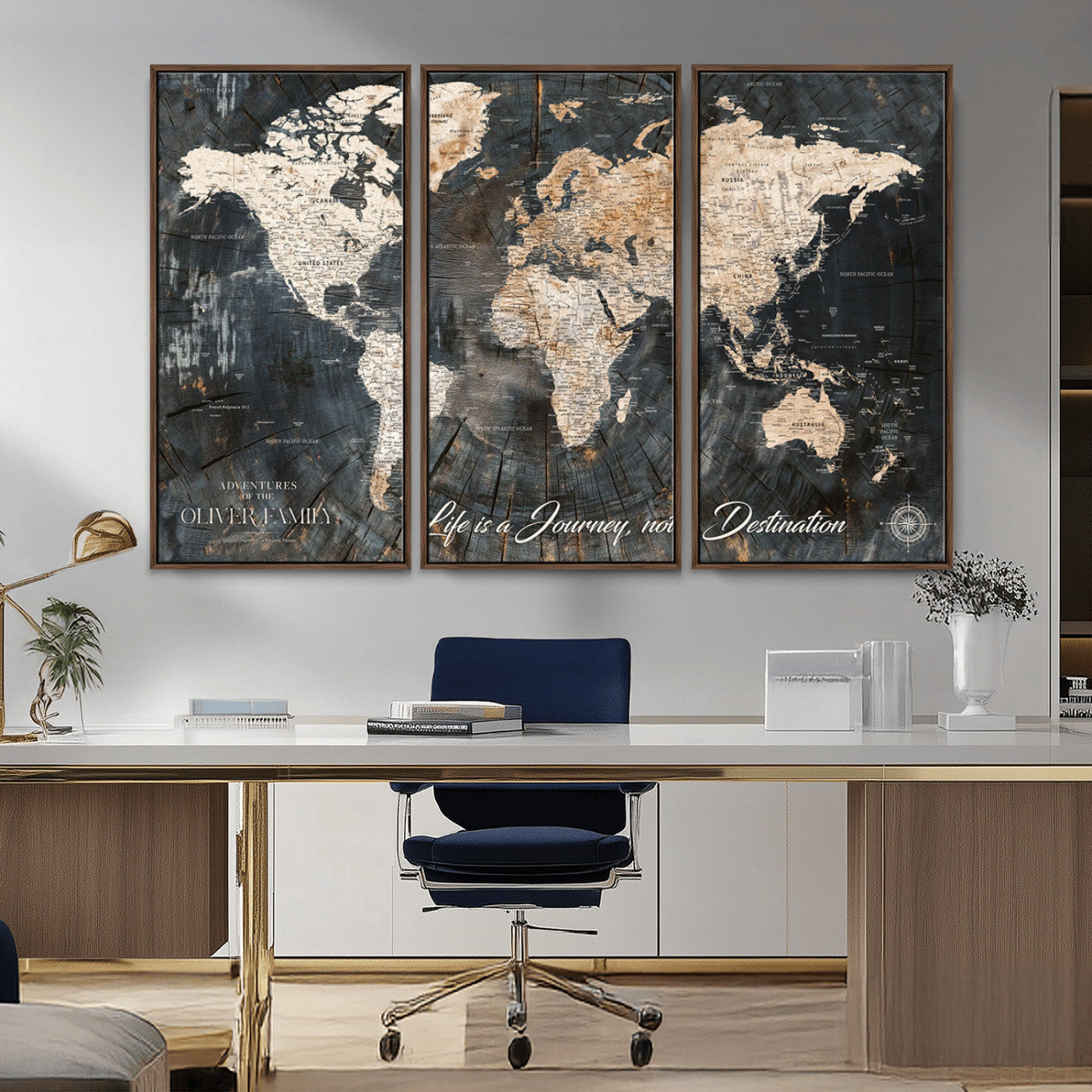 37848568-MGV-CV-36X24-Life is a Journey Not a Destination World Map Rustic Wood Texture Vintage Beige Navy Adventure Wall Art Canvas Print for Home
