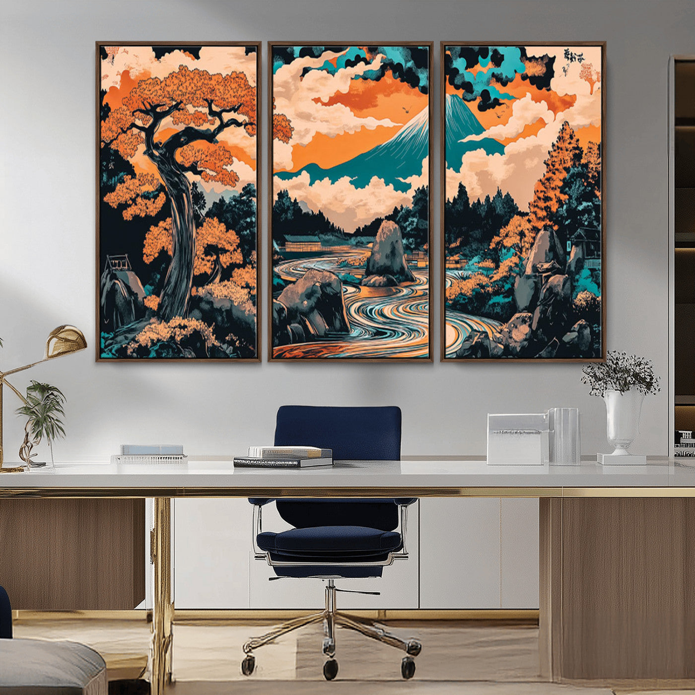 21638941-MGV-CV-36X24-Japanese Landscape Wall Art – Mount Fuji and Flowing River Ukiyo-e Style Canvas Print, Traditional Japan Inspired Artwork for