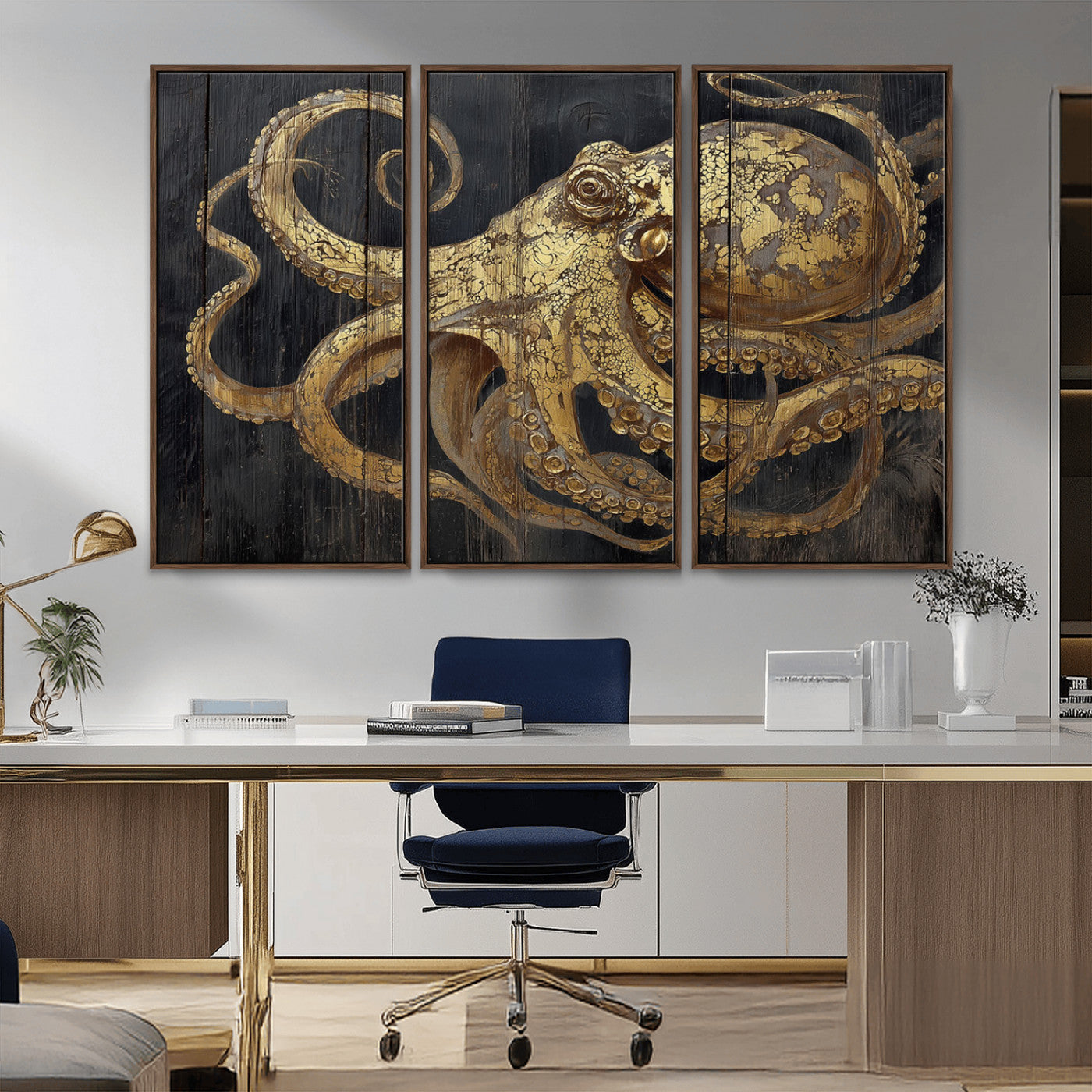 47056538-MGV-CV-36X24-Octopus Wall Art – Gold Nautical Canvas Print with Rustic Wood Texture, Marine Creature Artwork for Coastal Ocean Decoration in