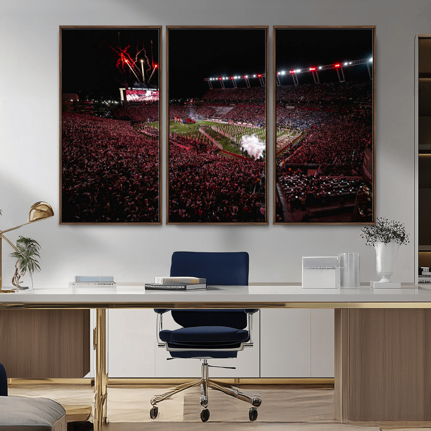 60690191-MGV-CV-36X24-Stadium Wall Art – Night Game Football Canvas Print with Fireworks, Marching Band and Crowd, Panoramic Sports Photography for Man