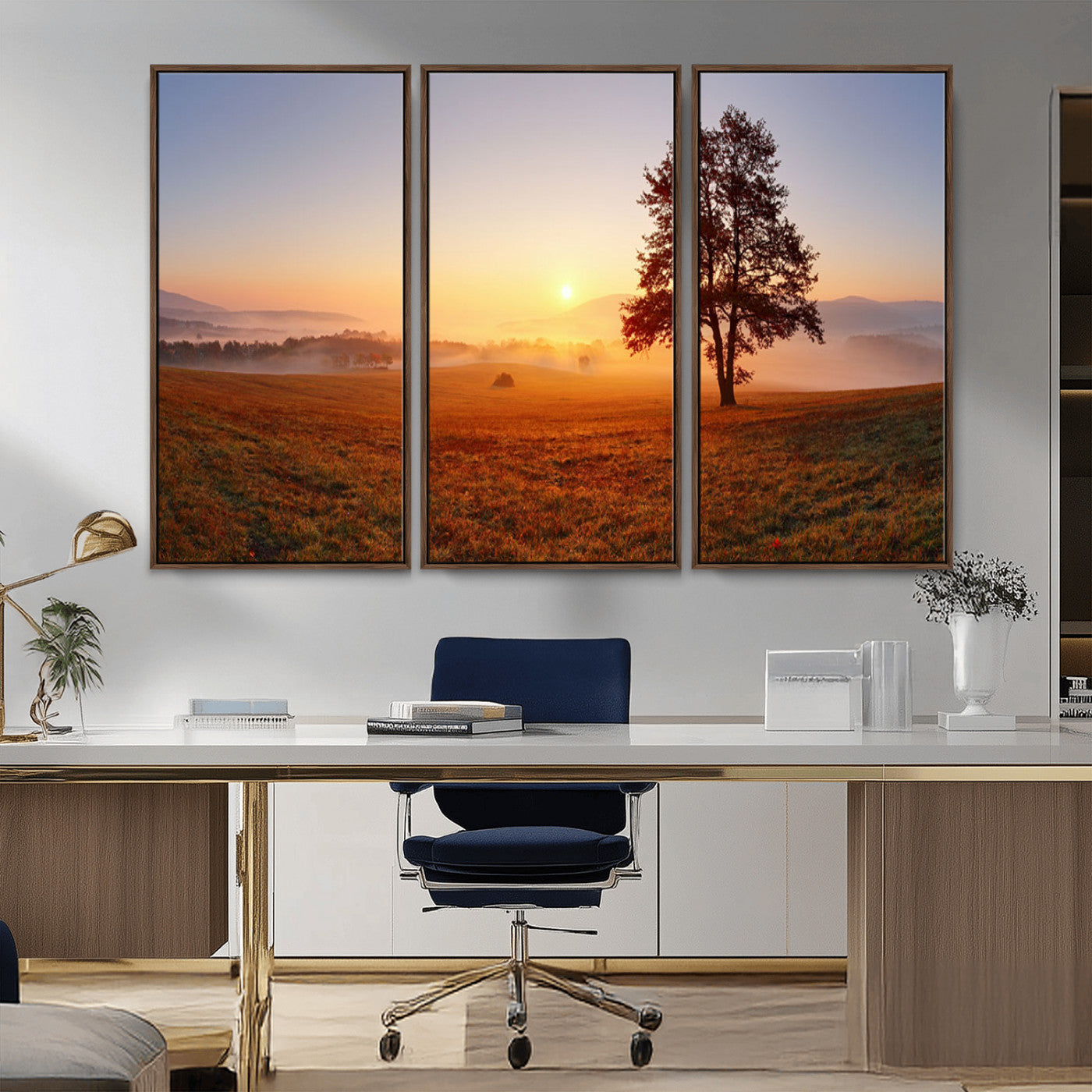 57919623-MGV-CV-36X24-Golden Sunrise Landscape Canvas Wall Art - Framed Misty Field Print, Large Nature Canvas for Living Room, Office, or Home Decor