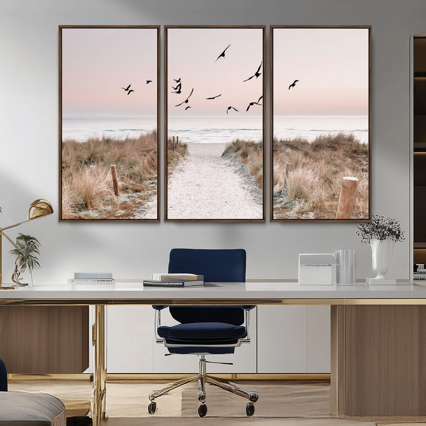 34632598-MGV-CV-36X24-Coastal Pathway Canvas Wall Art – Framed Seaside Landscape, Large Beach and Birds Canvas Print for Home, Office, or Living Room
