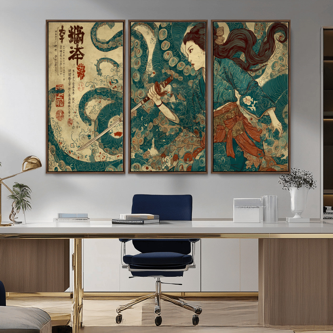 46837670-MGV-CV-36X24-Tsukioka Yoshitoshi Samurai Wall Art Print, Japanese Katana Warrior Canvas Wall Art, Octopus Sea Monster Canvas Print,