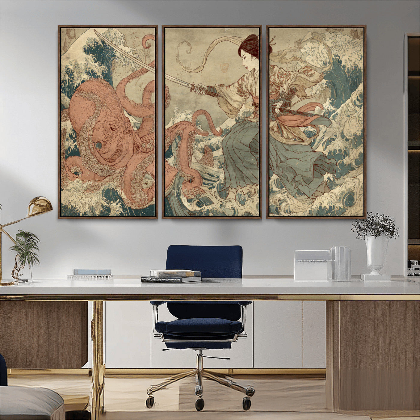 54879547-MGV-CV-36X24-Tsukioka Yoshitoshi Samurai Wall Art Print, Japanese Katana Warrior Canvas Wall Art, Octopus Sea Monster Canvas Print,