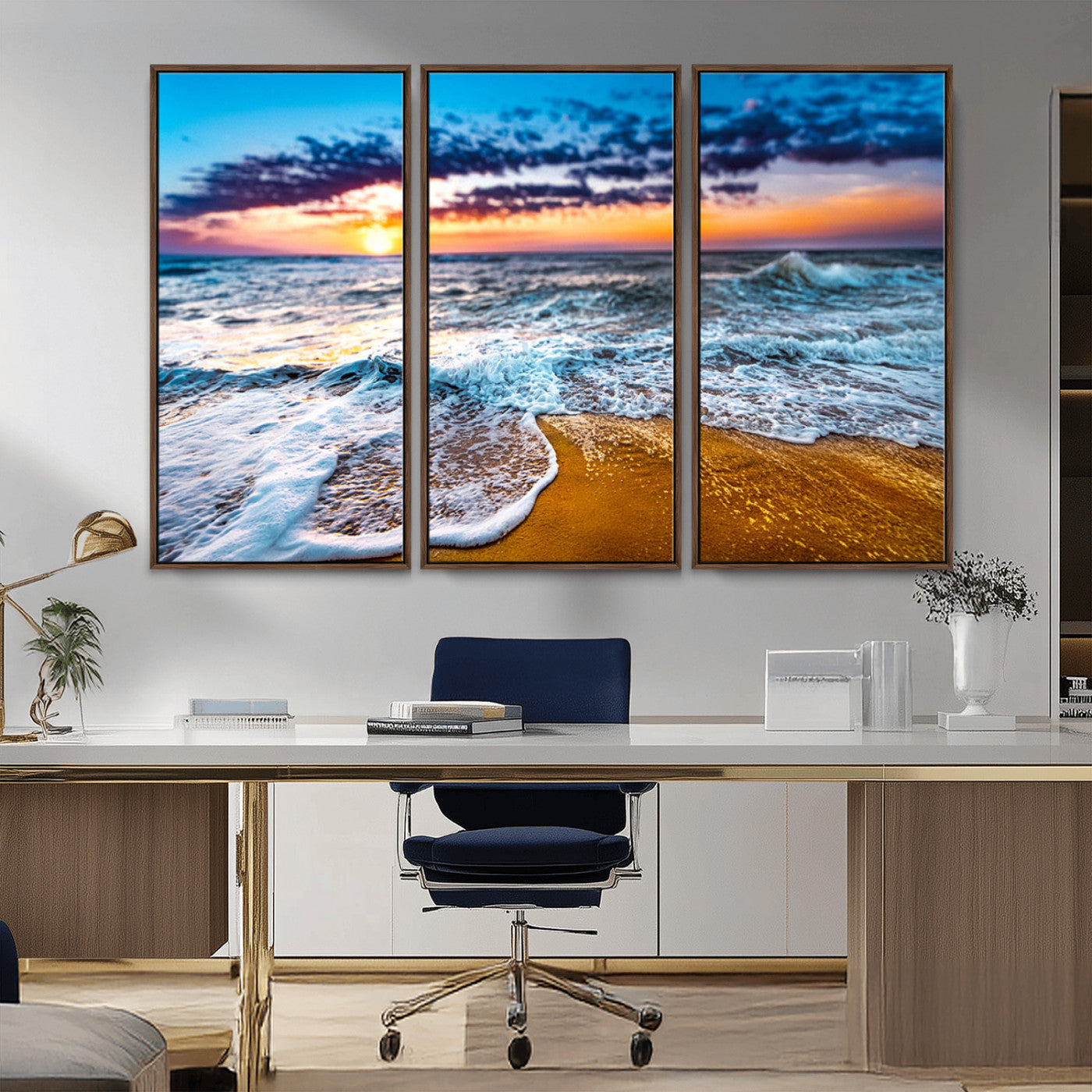24077769-MGV-CV-36X24-Sunset Beach Wall Art – Ocean Waves Canvas Print, Golden Shoreline Photography Coastal Decor for Living Room, Bedroom, Office,