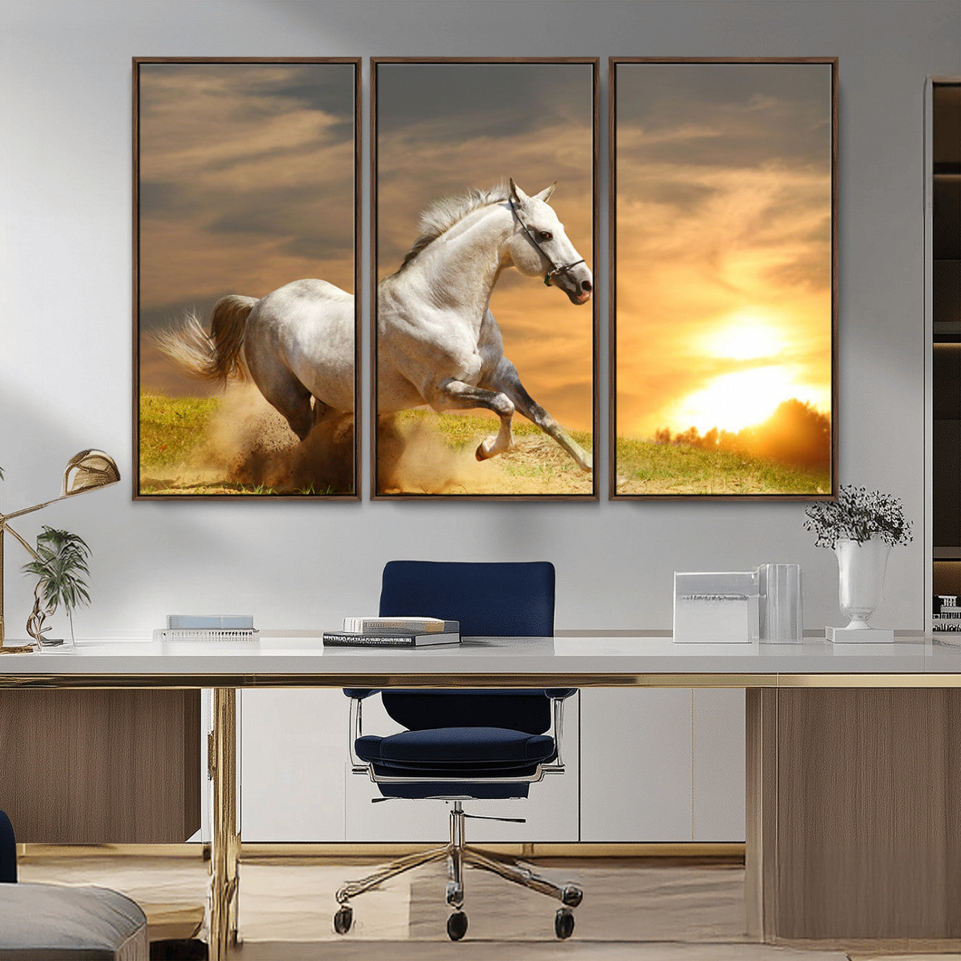 67478480-MGV-CV-36X24-White Horse Running at Sunset Wall Art – Majestic Equestrian Photography Print, Rustic Farmhouse Decor, Golden Sky Horse Lover