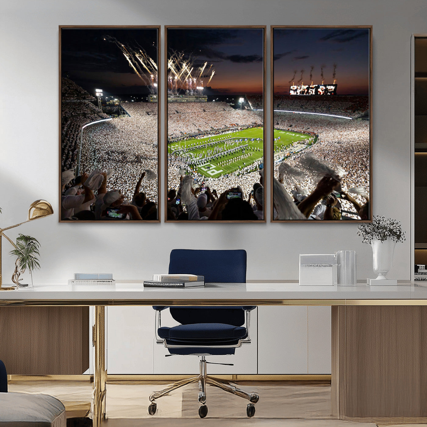 11221988-MGV-CV-36X24-Football Stadium Wall Art – Game Day Crowd with Fireworks, Sports Fan Photography Print, Stadium Decor for Man Cave, Bar, or