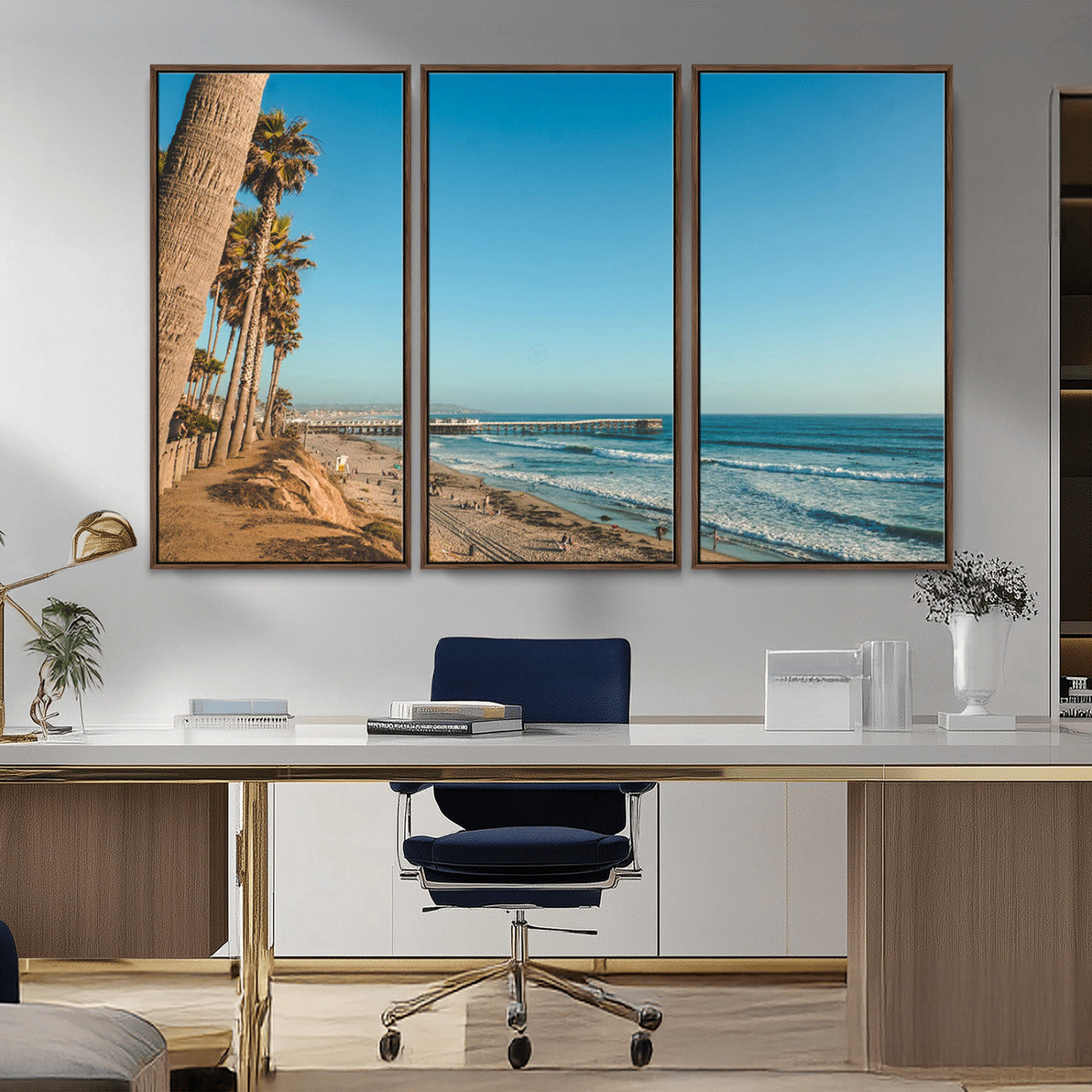 92568259-MGV-CV-36X24-California Beach Wall Art – Palm Tree Pier Canvas Print, Coastal Ocean Photography Seaside Decor for Living Room, Bedroom, Office,