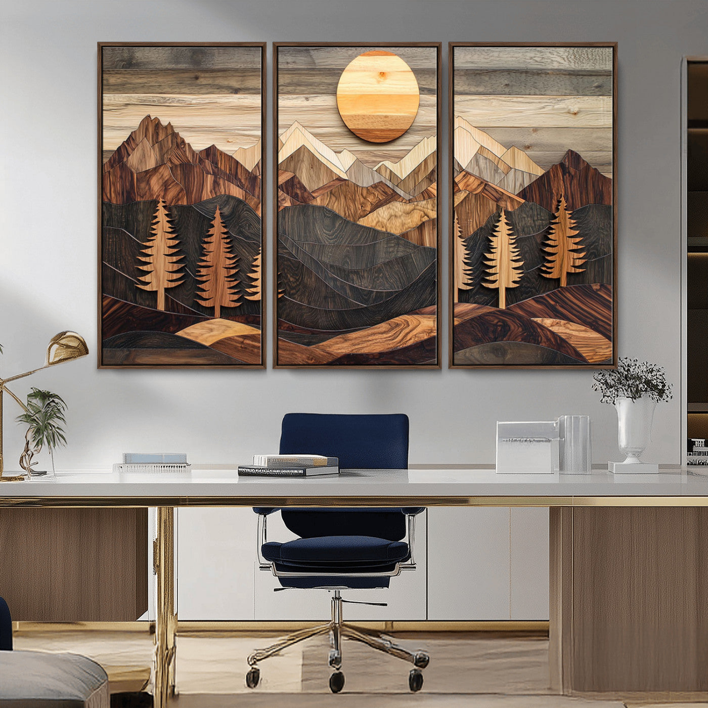 90044381-MGV-CV-36X24-Rustic Wall Art – Wooden Mountain Landscape with Sun and Pine Trees, Handcrafted Nature Canvas Style Decor for Bedroom, Living