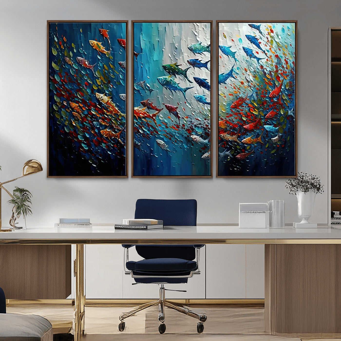 89626-MGV-CV-36X24-Fish Swarm Wall Art Canvas Print, Framed Abstract Ocean Art Picture Print, Underwater Life Perfect Vibrant Coastal Decor Artwork