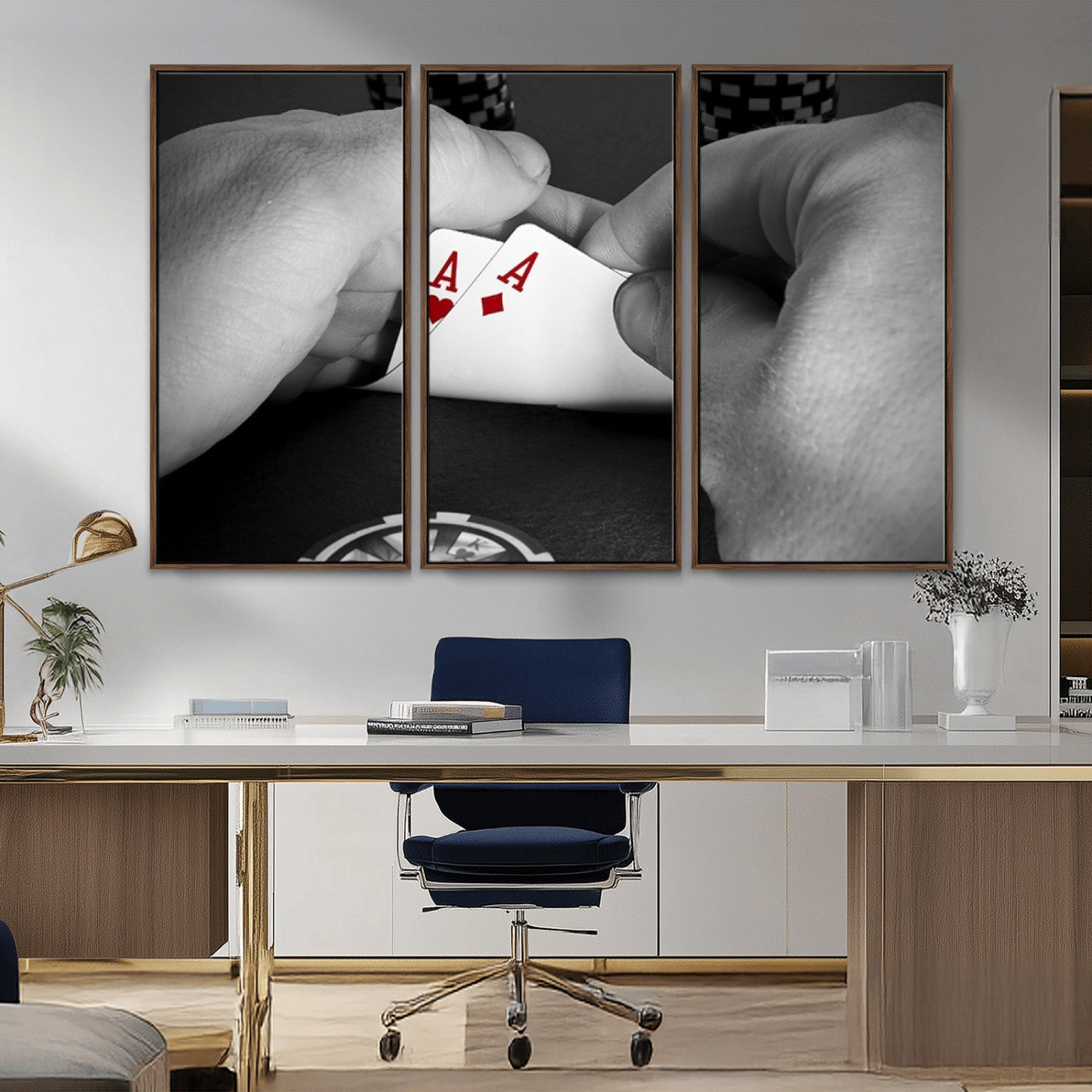 62460-MGV-CV-36X24-Poker Game Wall Art – Close Up of Hands Holding Aces with Chips, Casino Style Decor for Game Room, Man Cave or Office