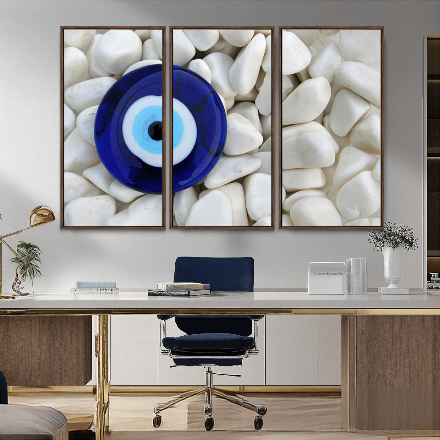 48883-MGV-CV-36X24-Evil Eye Wall Art – Deep Blue Symbol of Presence and Calm on White Stones, Subtle Spiritual Decor for Entryway, Studio, Office or