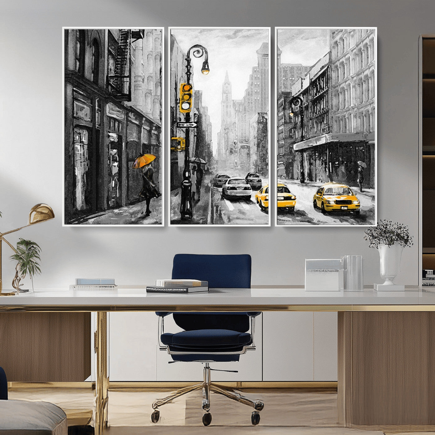 32362-MGV-FC-48X32-3P_White-NYC Street Wall Art – Black and White Cityscape with Yellow Taxis and Umbrella Canvas Print, Urban Home Decor for Living Room or
