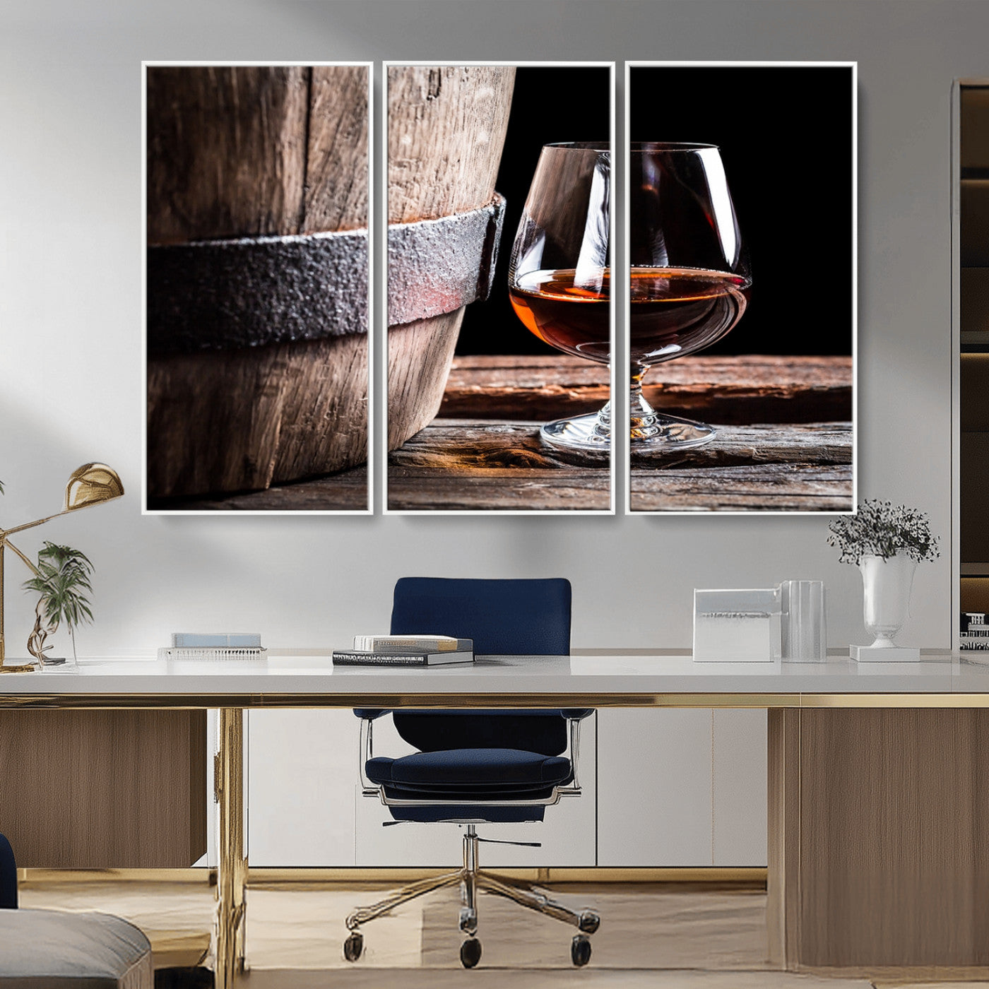50839-MGV-CV-36X24-Barrel & Brandy Wall Art – Rustic Whiskey Barrel and Brandy Glass Canvas Print, Elegant Home Bar or Lounge Decor for Office, Man