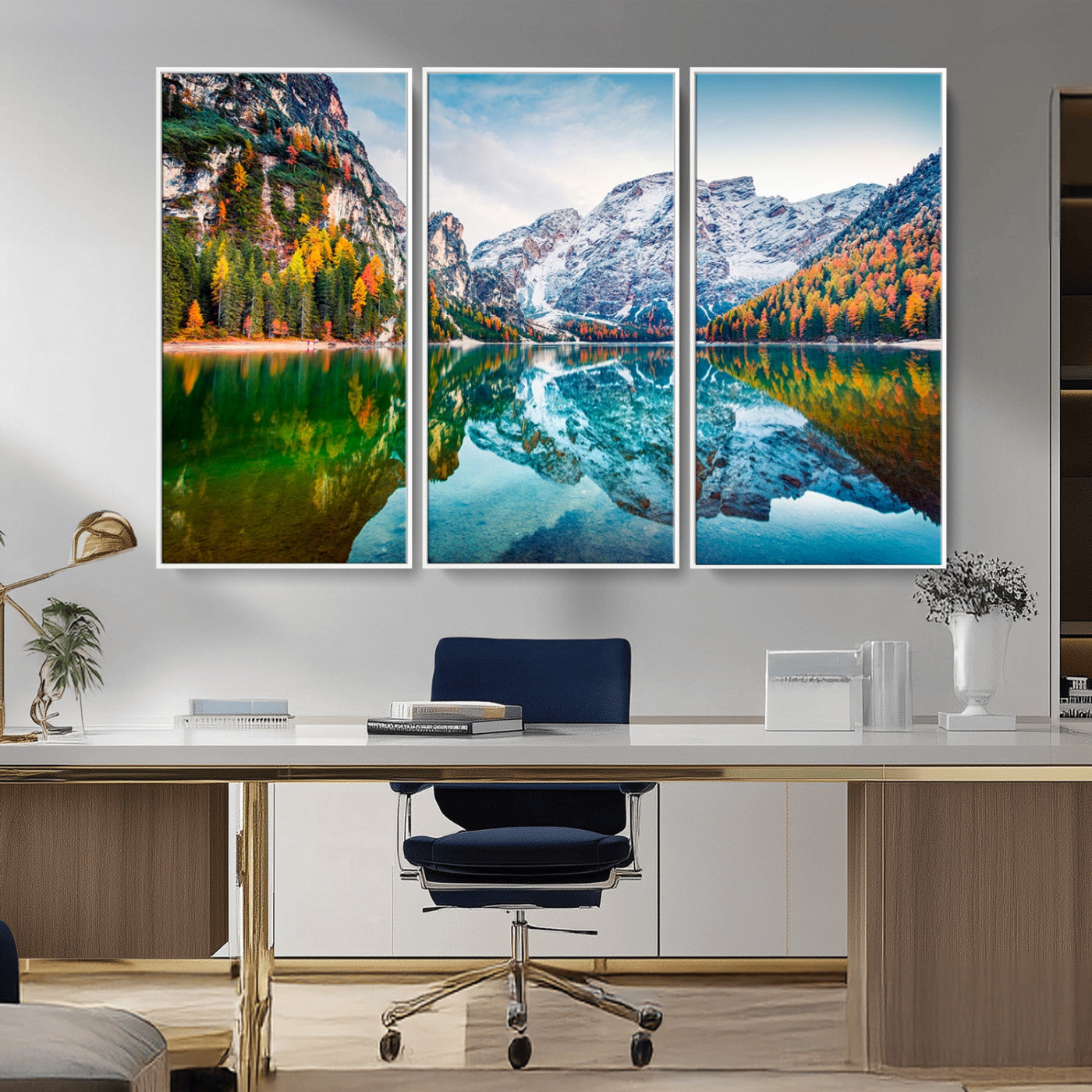 10402-MGV-CV-36X24-Snowy Mountain Lake Wall Art – Autumn Landscape Canvas Print with Reflection, Nature Decor for Living Room, Office, Bedroom or