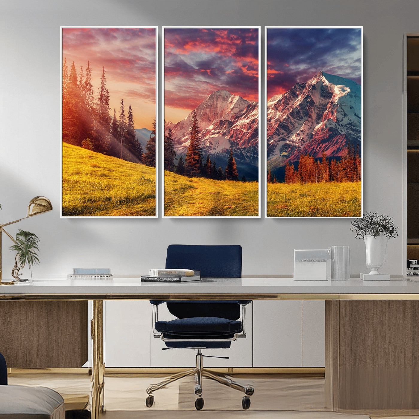 83947-MGV-FC-48X32-3P_White-Sunset Mountain Landscape Wall Art – Panoramic Alpine Meadow and Snow Capped Peaks Canvas Print, Nature Scenic Decor for Home,