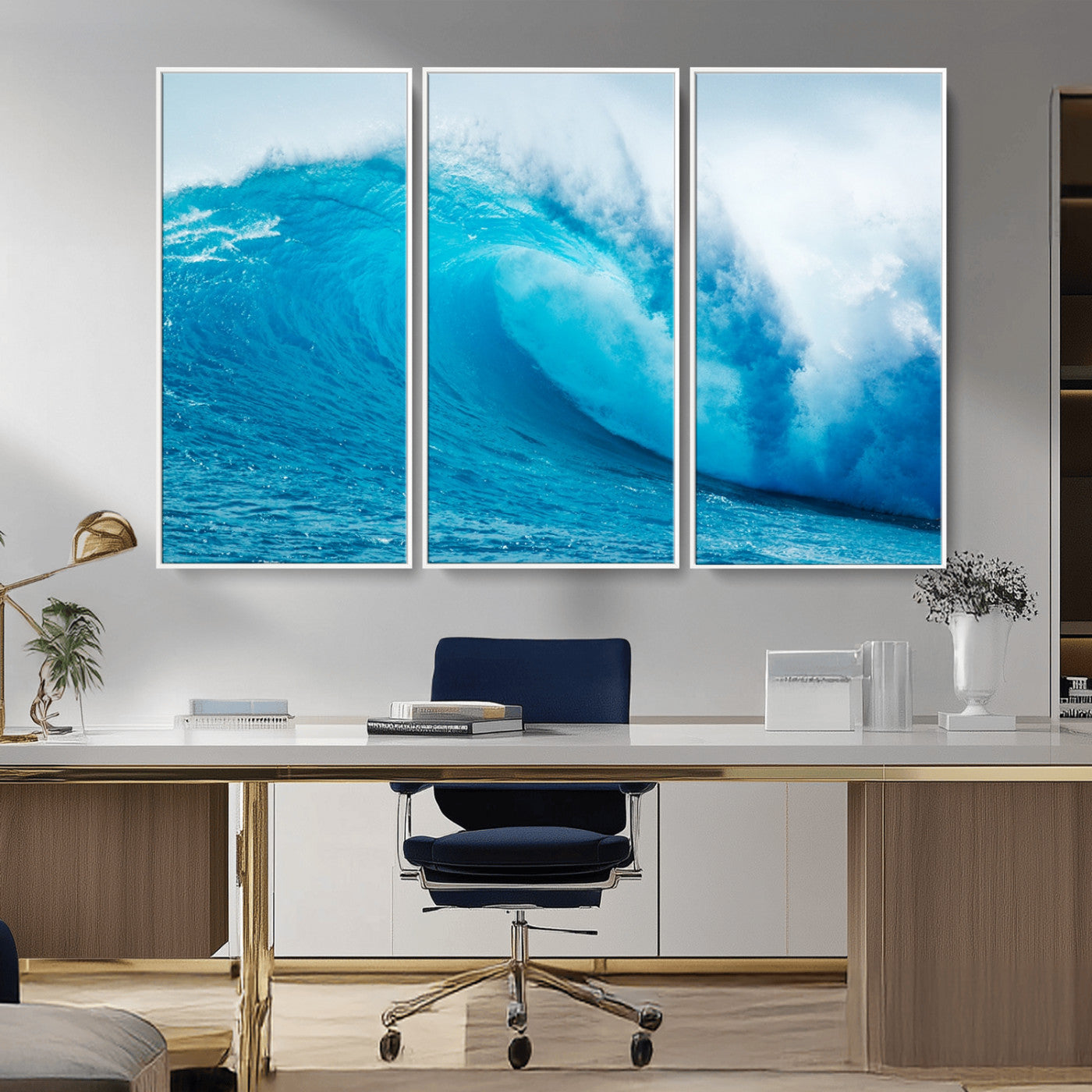 13117-MGV-FC-48X32-3P_White-Ocean Wave Wall Art – Dynamic Blue Surf Canvas Print, Coastal Beach Decor for Living Room, Bathroom, Office, or Beach House