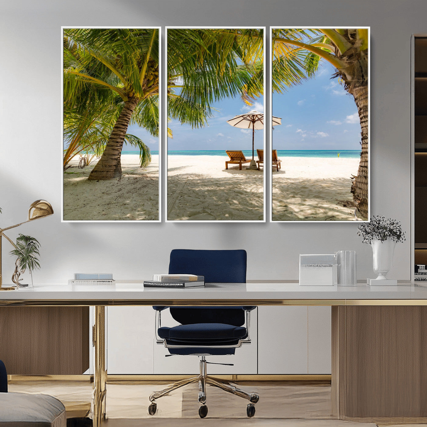 83601-MGV-CV-36X24-Tropical Beach Wall Art – Serene Palm Trees and Lounge Chairs Canvas Print, Relaxing Coastal Decor for Living Room, Bedroom or