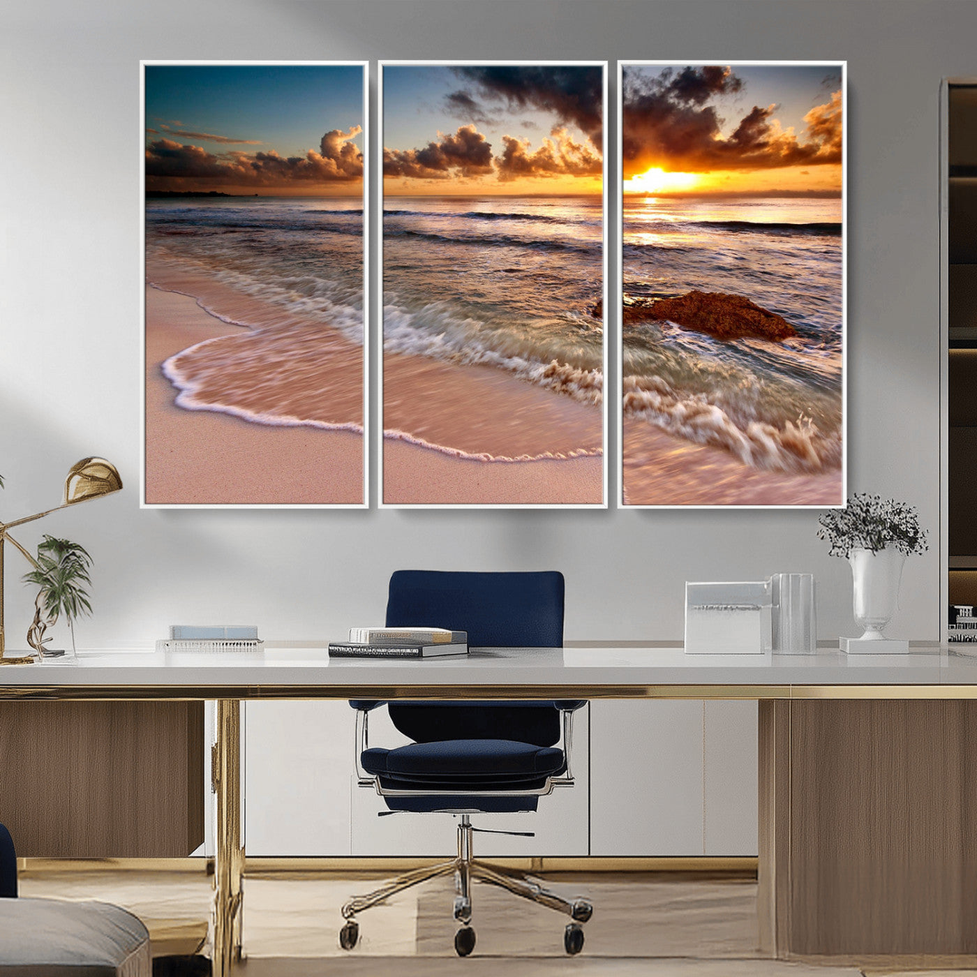 38302-MGV-CV-36X24-Sunset Beach Wall Art – Stunning Ocean Waves and Rock Canvas Print, Warm Coastal Decor for Living Room, Bedroom, Office or Beach