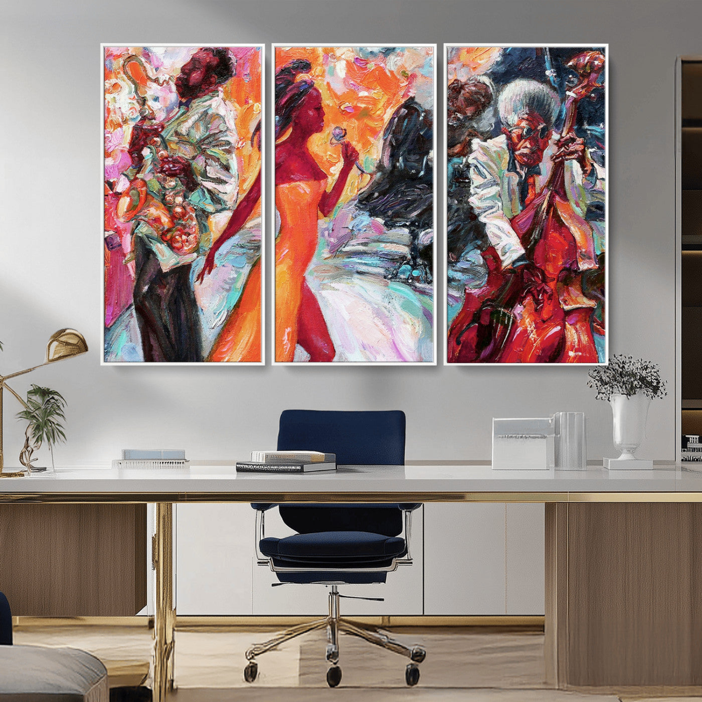 24452-MGV-CV-36X24-Vibrant Jazz Musician Painting - Expressive Art Print of Live Jazz Band, Perfect Wall Decor for Music Lovers and Art Enthusiasts