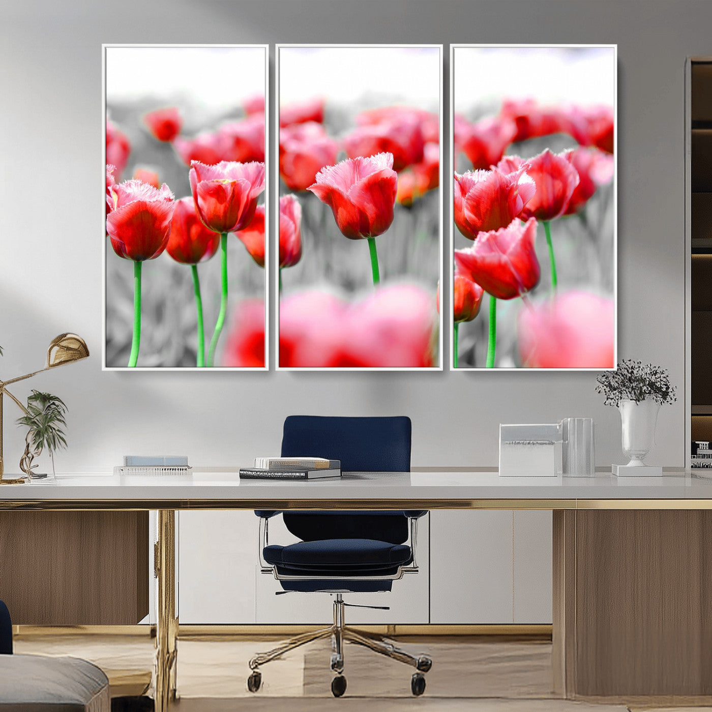 44554-MGV-CV-36X24-Vibrant red tulips stand out beautifully against a black-and-white background, making a striking decor piece perfect for any home