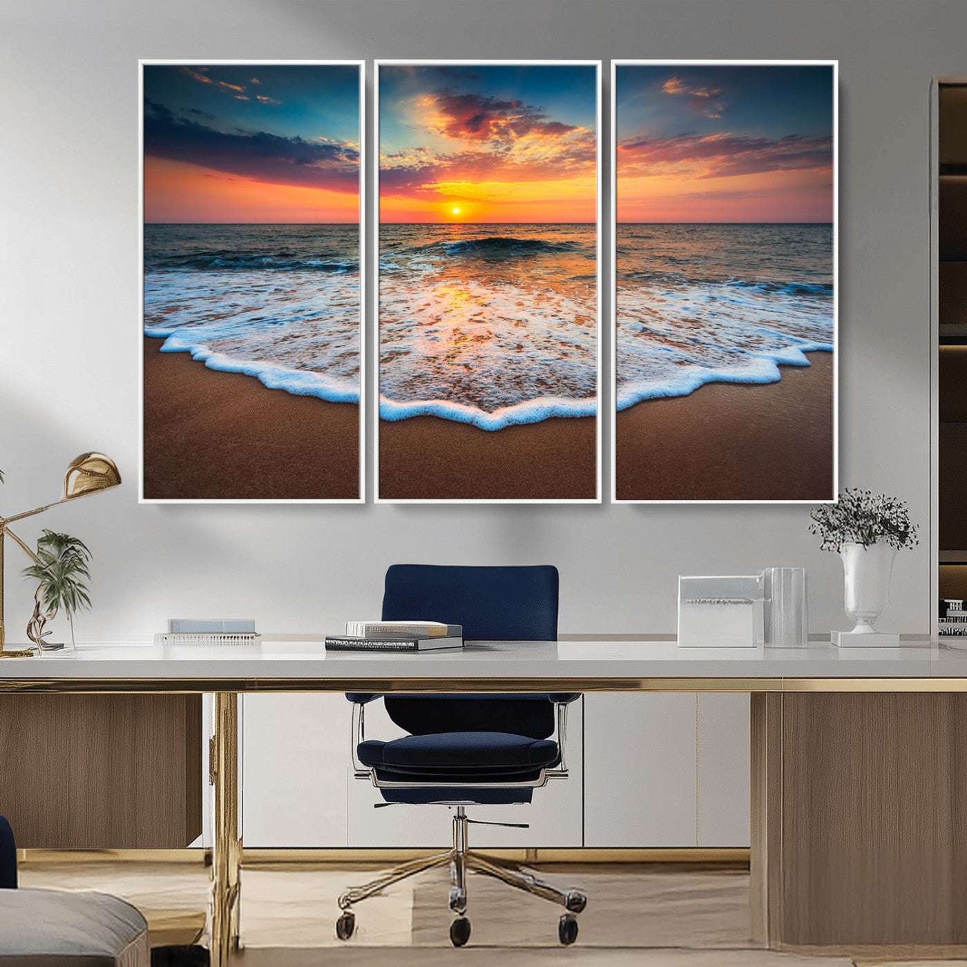 87032-MGV-FC-48X32-3P_White-Ocean Sunset Wall Art – Stunning Beach Canvas Print with Vibrant Sky, Calm Waves, and Golden Horizon, Perfect Coastal Decor for