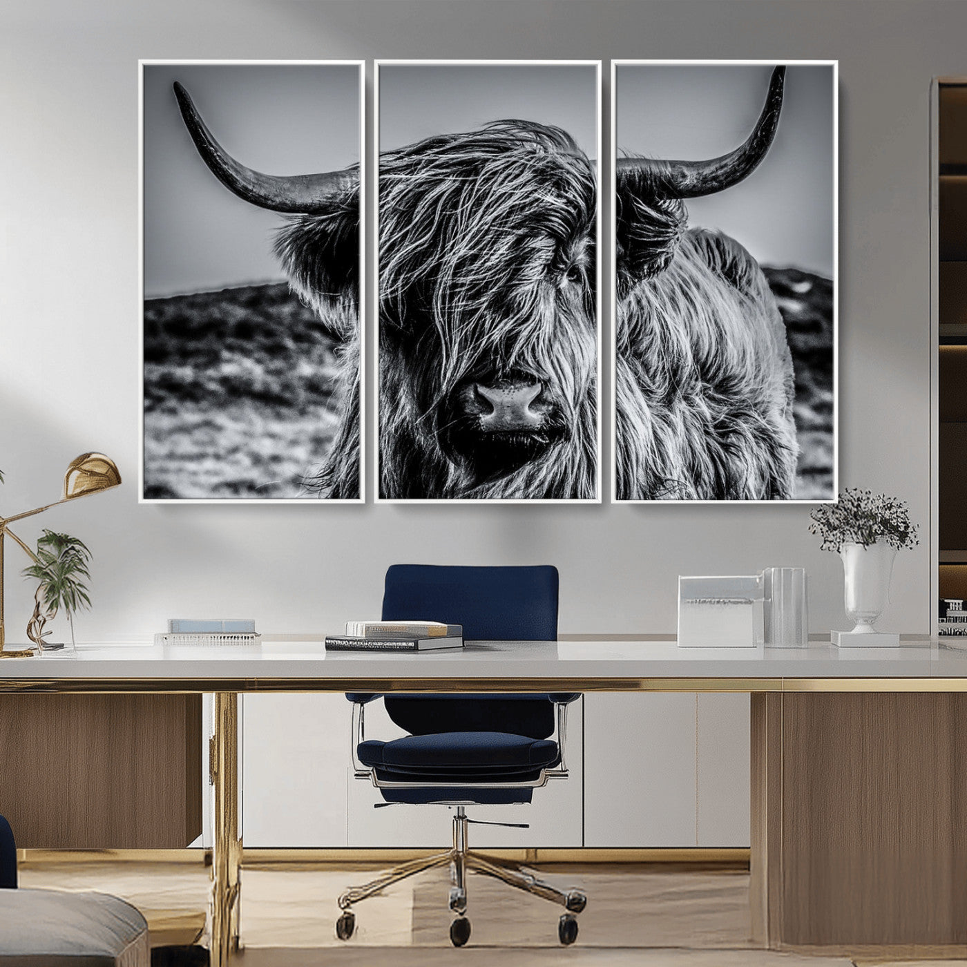97372-MGV-CV-36X24-Elegant Highland Cow Wall Art – Black and White Canvas Print, Rustic Nature Decor for Home, Office, Living Room or Man Cave