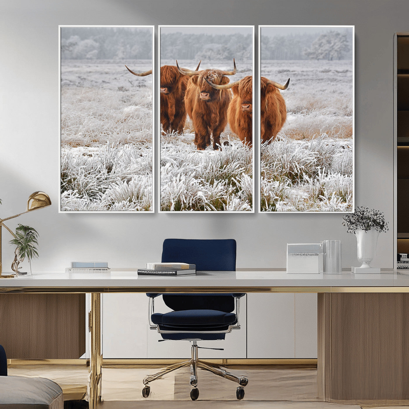 10396-MGV-CV-36X24-Highland Cattle Wall Art – Rustic Winter Landscape Canvas Print, Farmhouse Decor for Living Room, Office, Cabin or Country Home